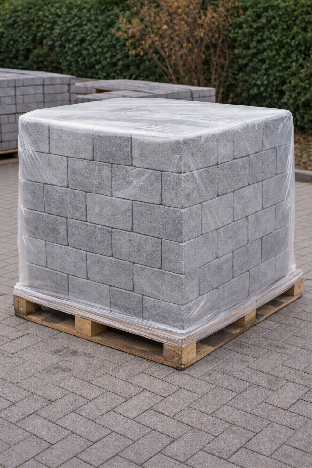 A pallet of gray interlocking brick pavers wrapped in clear plastic, stacked on a wooden pallet outdoors.