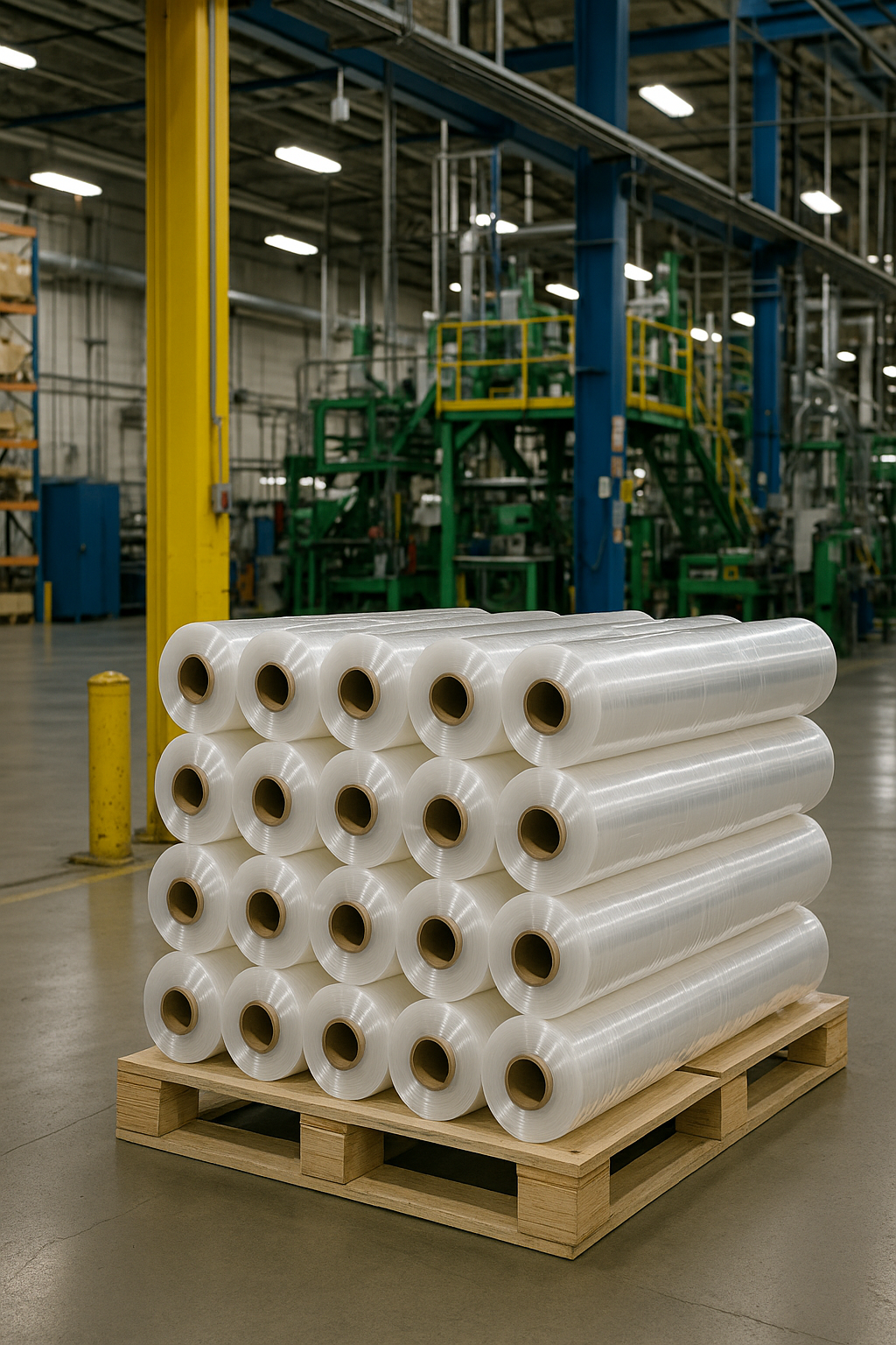 Stacked clear plastic rolls on a wooden pallet in an industrial warehouse with machinery and blue and yellow structural supports.
