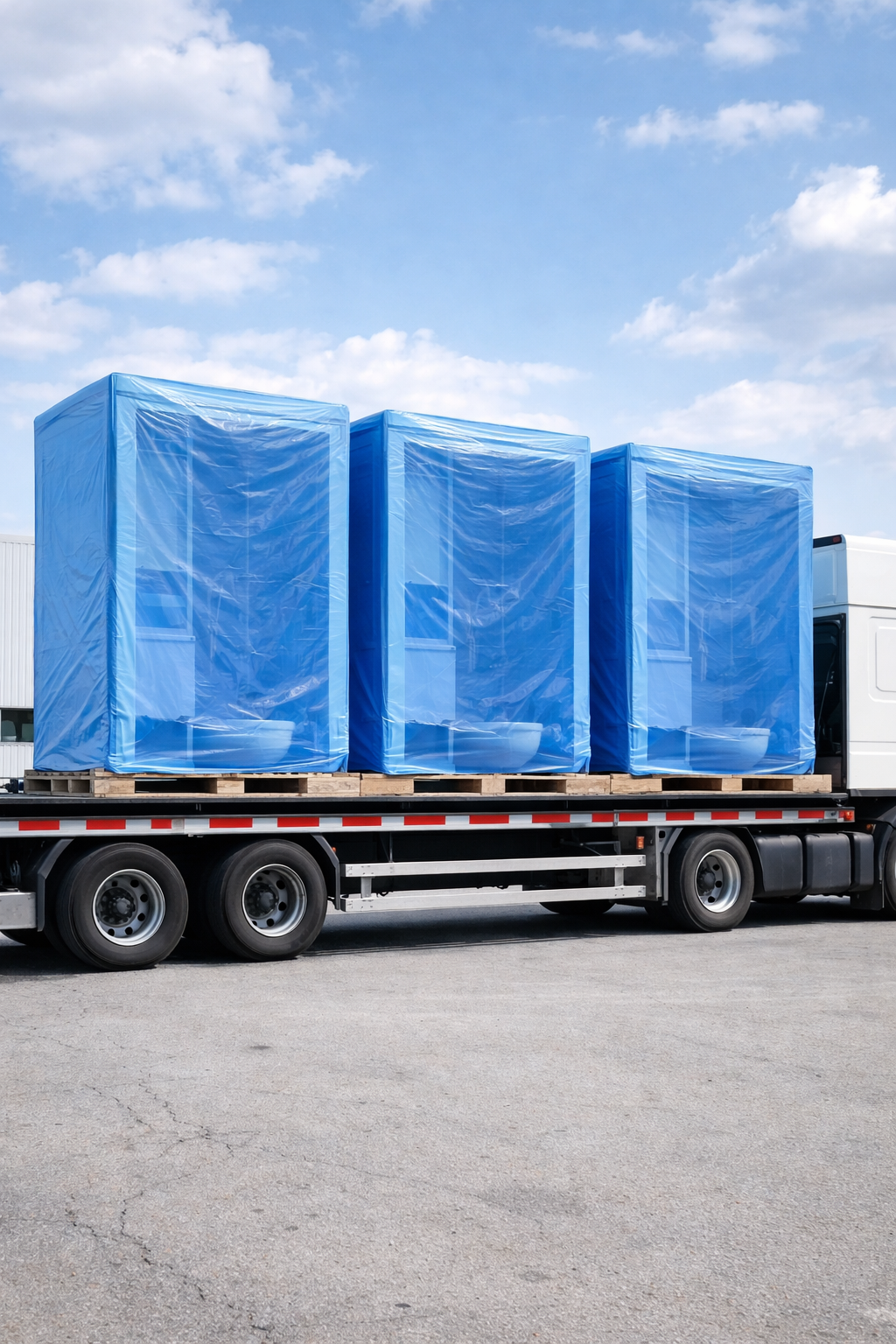 A flatbed truck carrying three portable toilets wrapped in blue plastic