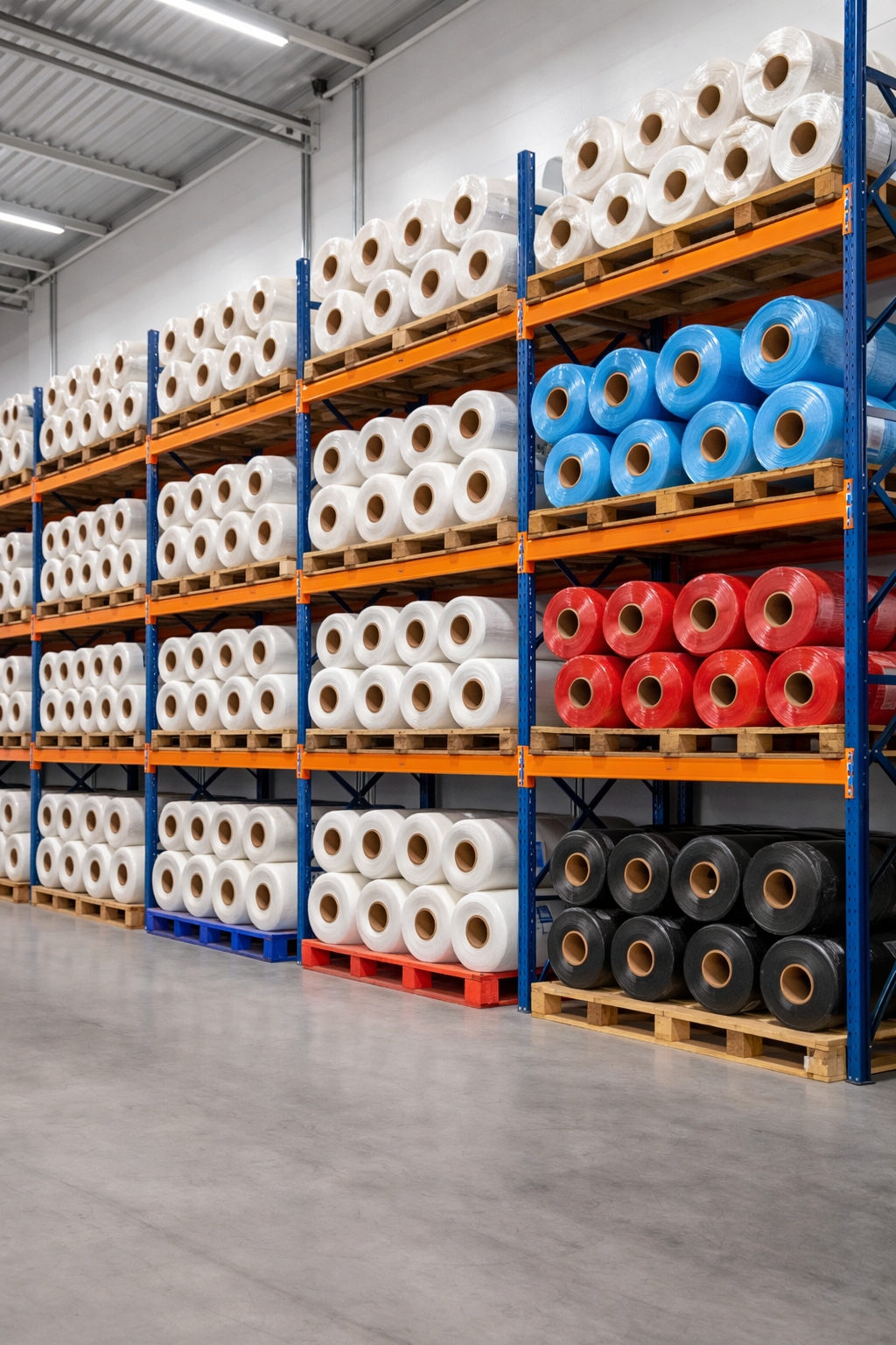 Shelves in a warehouse stocked with rolls of plastic wrap in white, blue, red, and black colors.