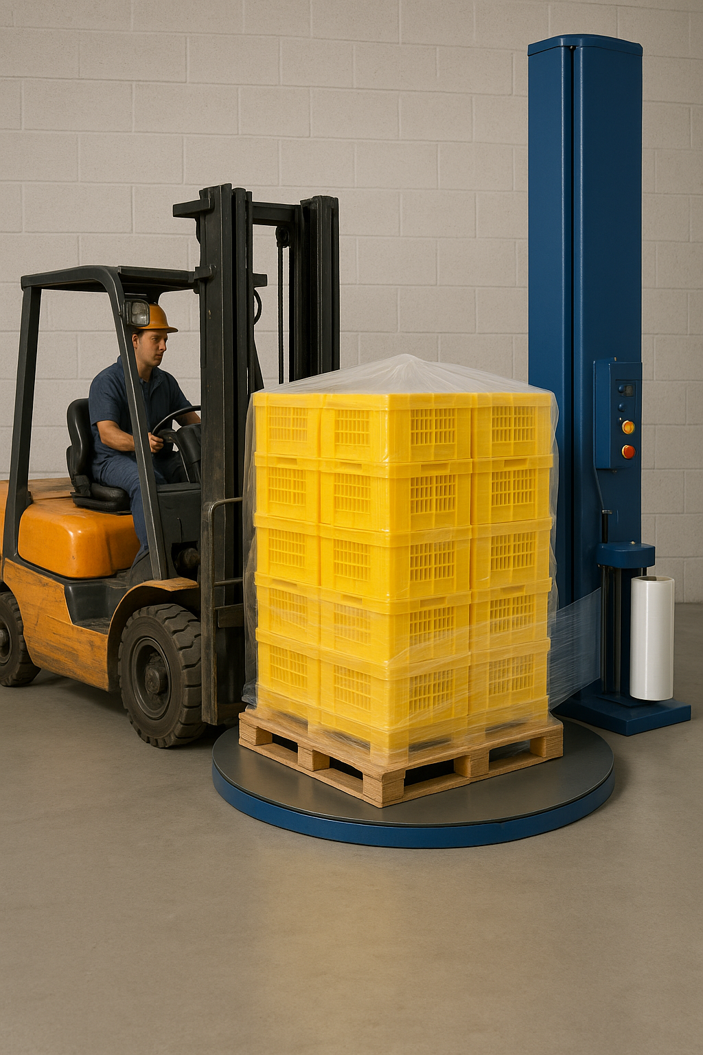 A worker operating a forklift to move yellow plastic crates wrapped in plastic on a wooden pallet, in a warehouse setting.