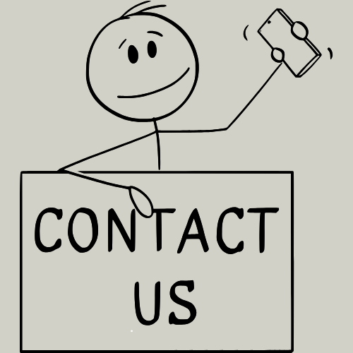A simple cartoon drawing of a person holding a phone in one hand and a sign that says 'Contact Us' in the other.