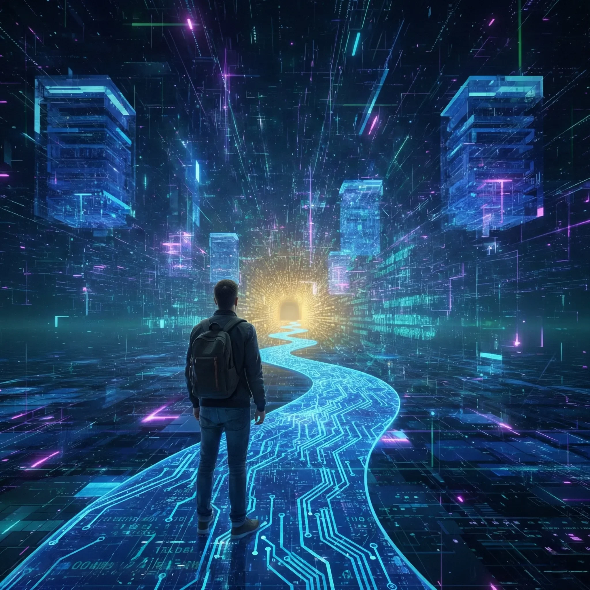 Andrea Stendardo | Senior full-stack engineer | Un uomo con uno zaino si trova di fronte a un tunnel futuristico fatto di circuiti digitali e luci al neon, che si apre verso una luce brillante in lontananza, simbolo di un viaggio nel mondo digitale.