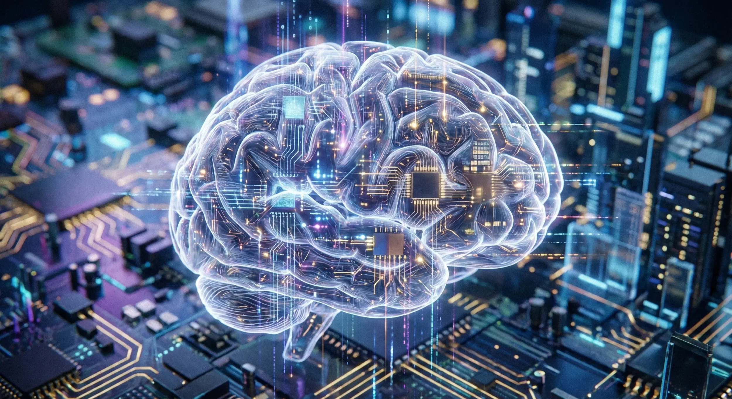 Andrea Stendardo | Senior full-stack engineer | Rappresentazione astratta del mindset digitale con un cervello umano con circuiti elettronici e chip, sovrapposto a una scheda madre, simbolizzando l'intelligenza artificiale e la tecnologia.