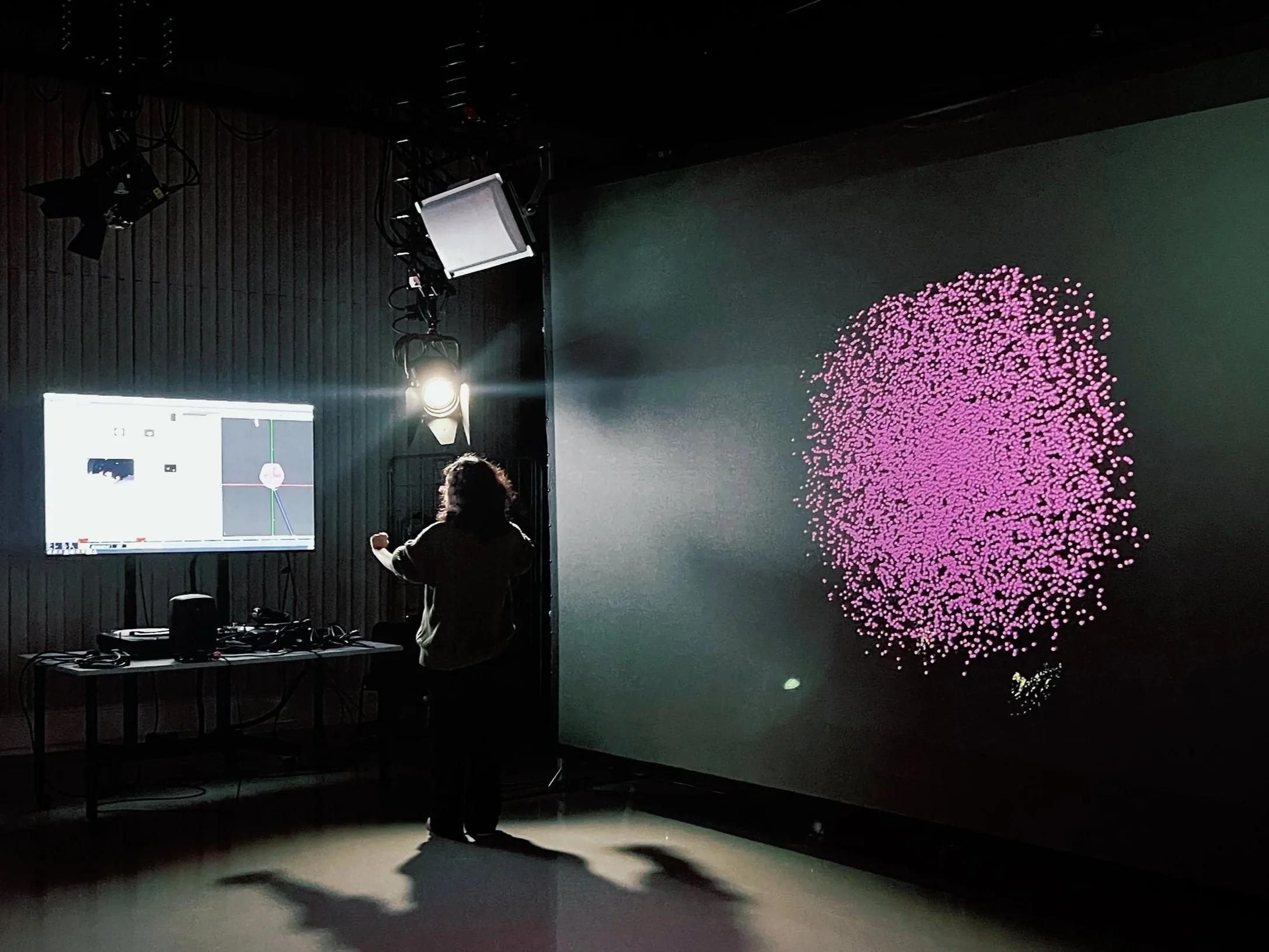 A person with dark hair and dark clothing working at a computer station with multiple screens and equipment in a dark room, with a large digital display showing a pink, spherical, particle-like structure.