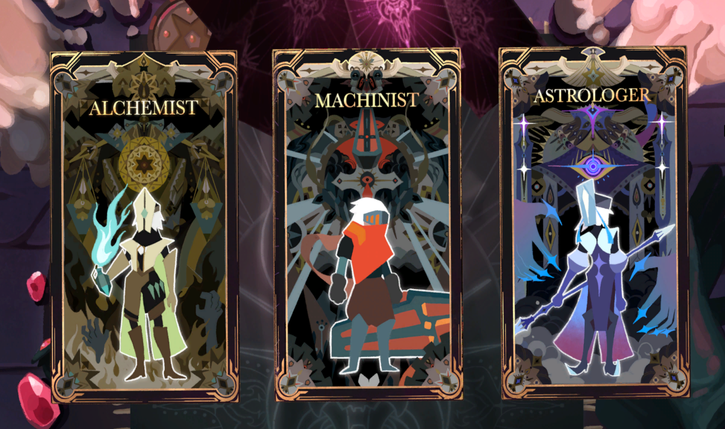 Three character class selection screens for a video game, featuring Alchemist, Machinist, and Astrologer. Each screen has unique artwork representing the classes with mystical and robotic themes.