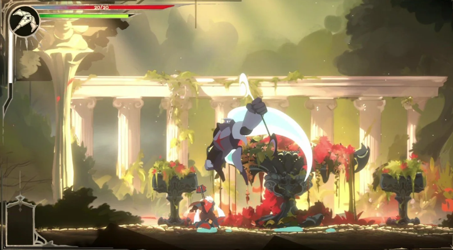 A scene from a video game showing a character fighting a large dragon-like creature in a bright, ancient Greek-style ruin with columns and plants.