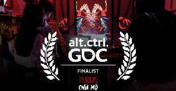 Two people watching a digital art display with a lobster and the text 'alt.ctrl GDC FINALIST CHU M6' in a dimly lit room.