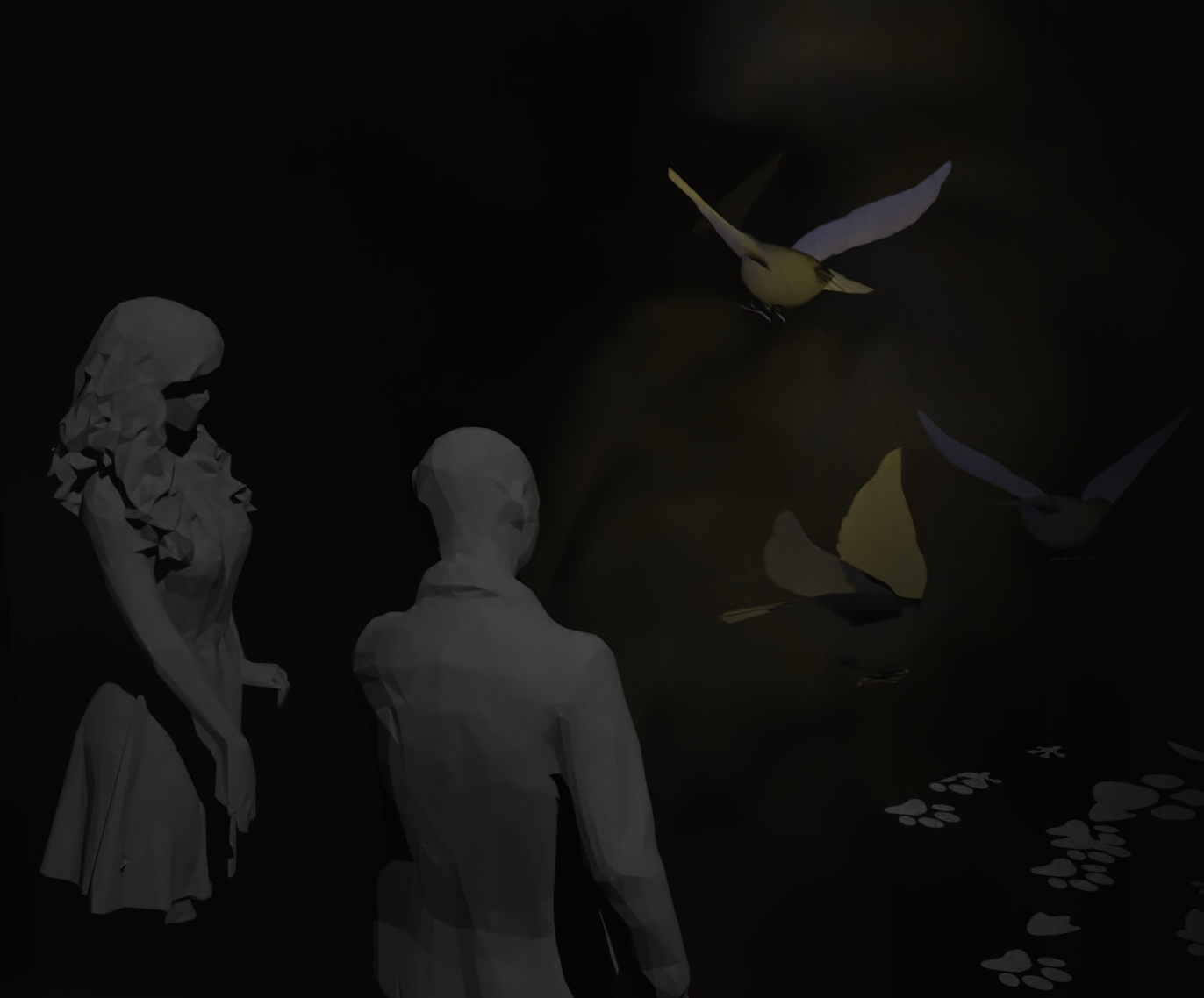 Two white statues, one human-like and one resembling a woman, are standing near a pond with floating lily pads. Two birds with white wings are flying above the water.