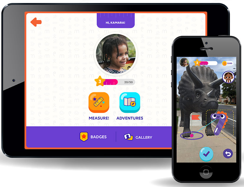 Tablet and smartphone screens showing a children's app with a profile picture of a girl, adventure options, badges, and a digital mascot, alongside an outdoor street scene with a rhinoceros statue with a cartoon face overlay and location markers.
