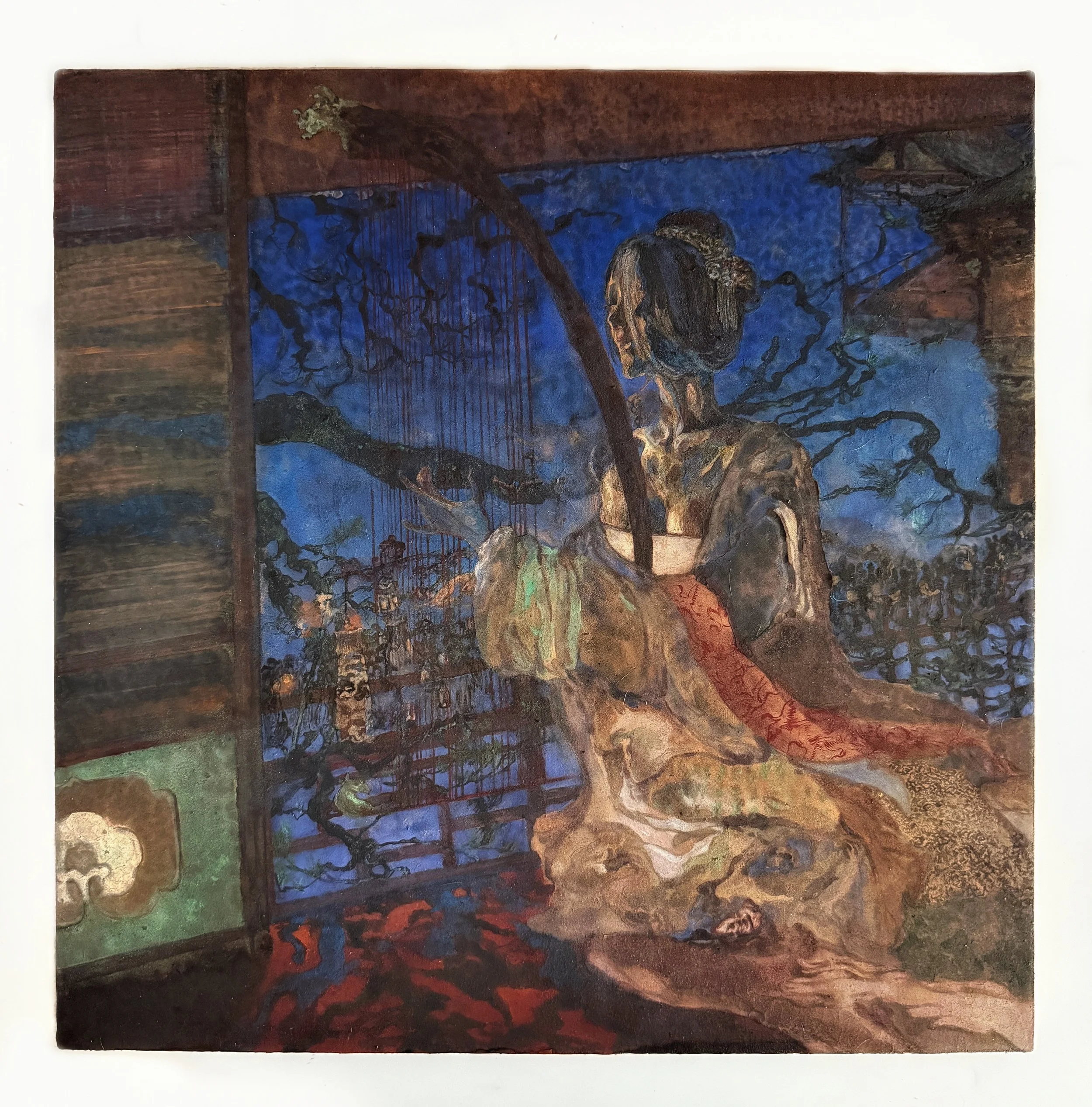 椏蝉-孟春忆景
15.75 x 15.75 in. (40 x 40 cm)
2026.
Mineral pigments on clay tablet (岩彩，敦煌泥板）