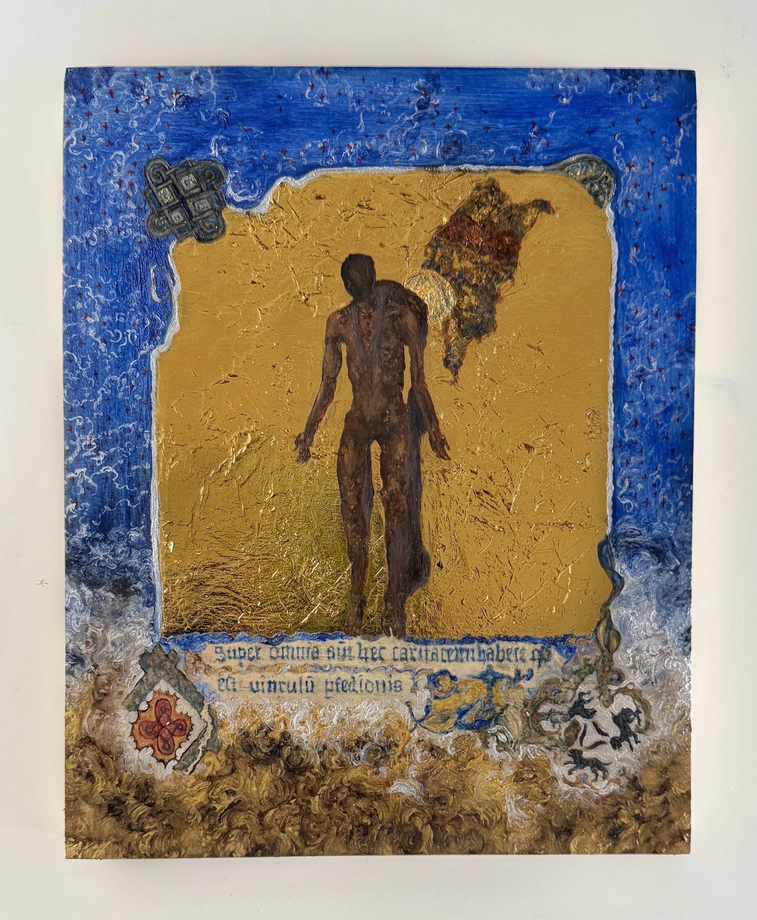 Wearing the Skin of Christ 
10 x 8 in.
2026.
Oil with iridescent pearl, gold, and Afghan lapis lazuli pigments on wood. 

