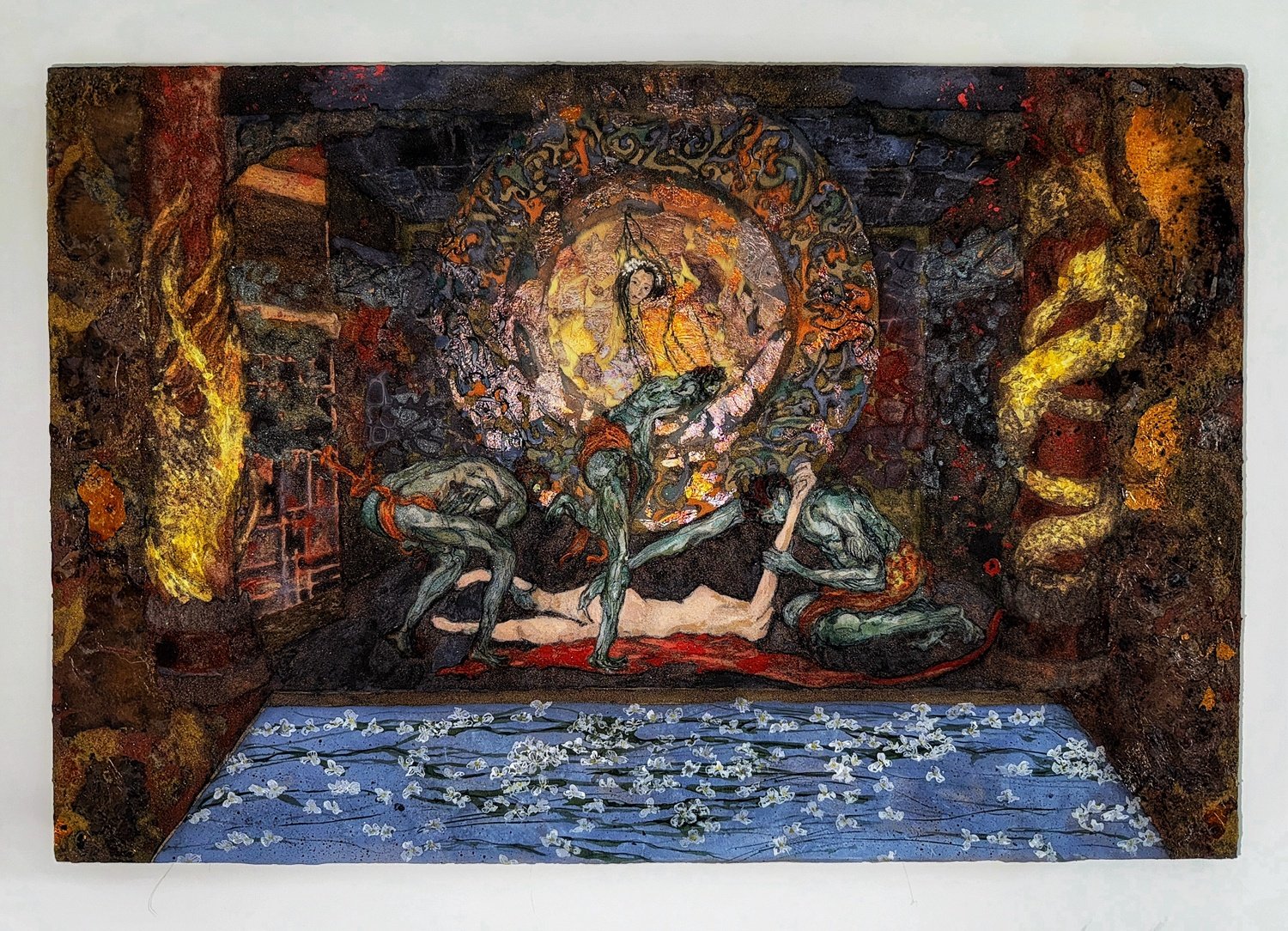 贱妾何聊生 (What Solace Remains for Your Lowly Concubine’s Will to Cling to Life?)  
15.8 x 23.6 in. (40 x 60 cm). 
2025. 
Mineral pigments, sulphured copper foils on Dunhuang clay tablet (岩彩，烧铜箔，敦煌泥板）