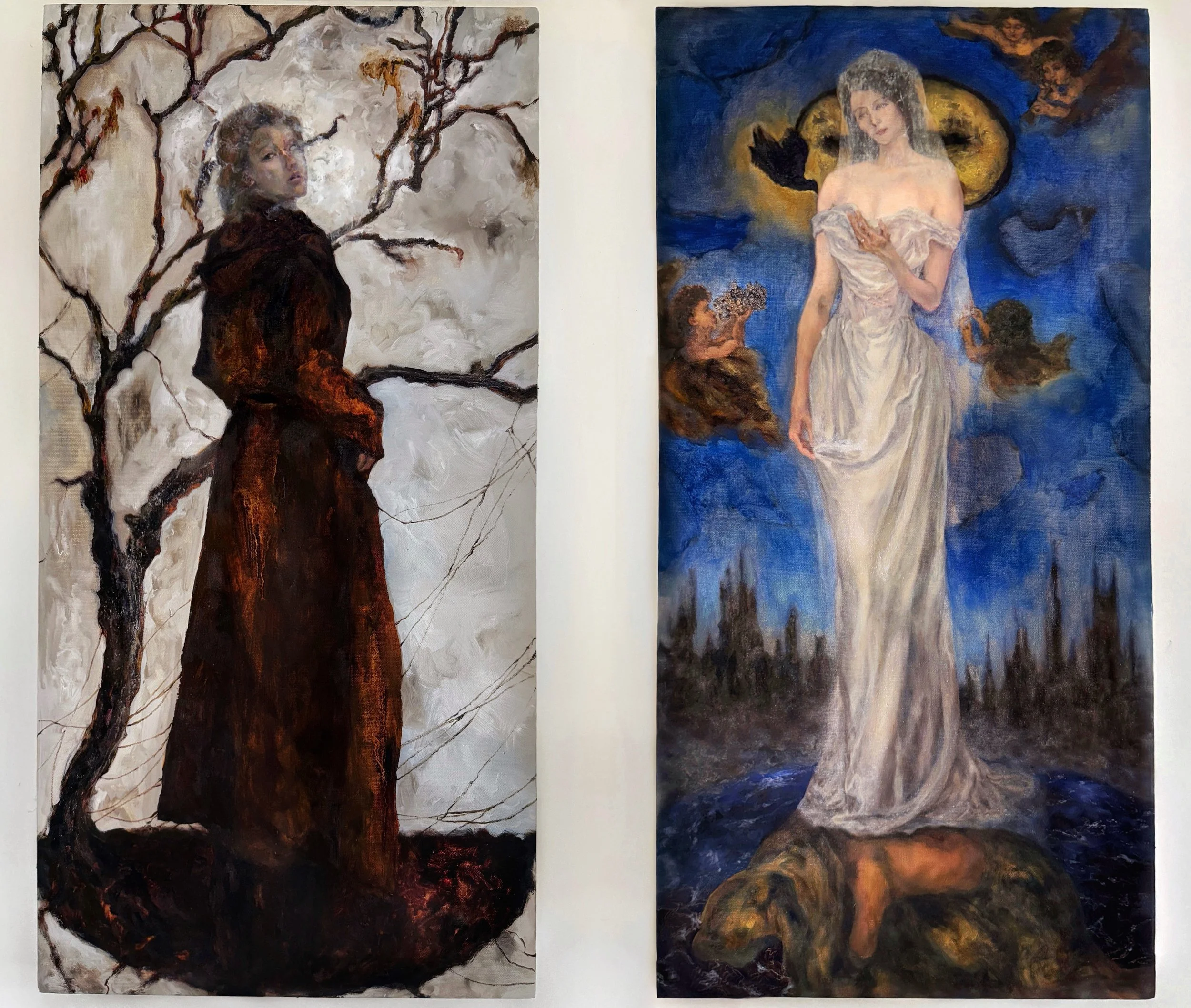 Diptych - Bride of the Lamb & Forest of the Fiber Optic Cables 
30 x 15 in. & 30 x 15 in.
2025. 
Oil with iridescent pearl, gold, and Afghan lapis lazuli pigments.