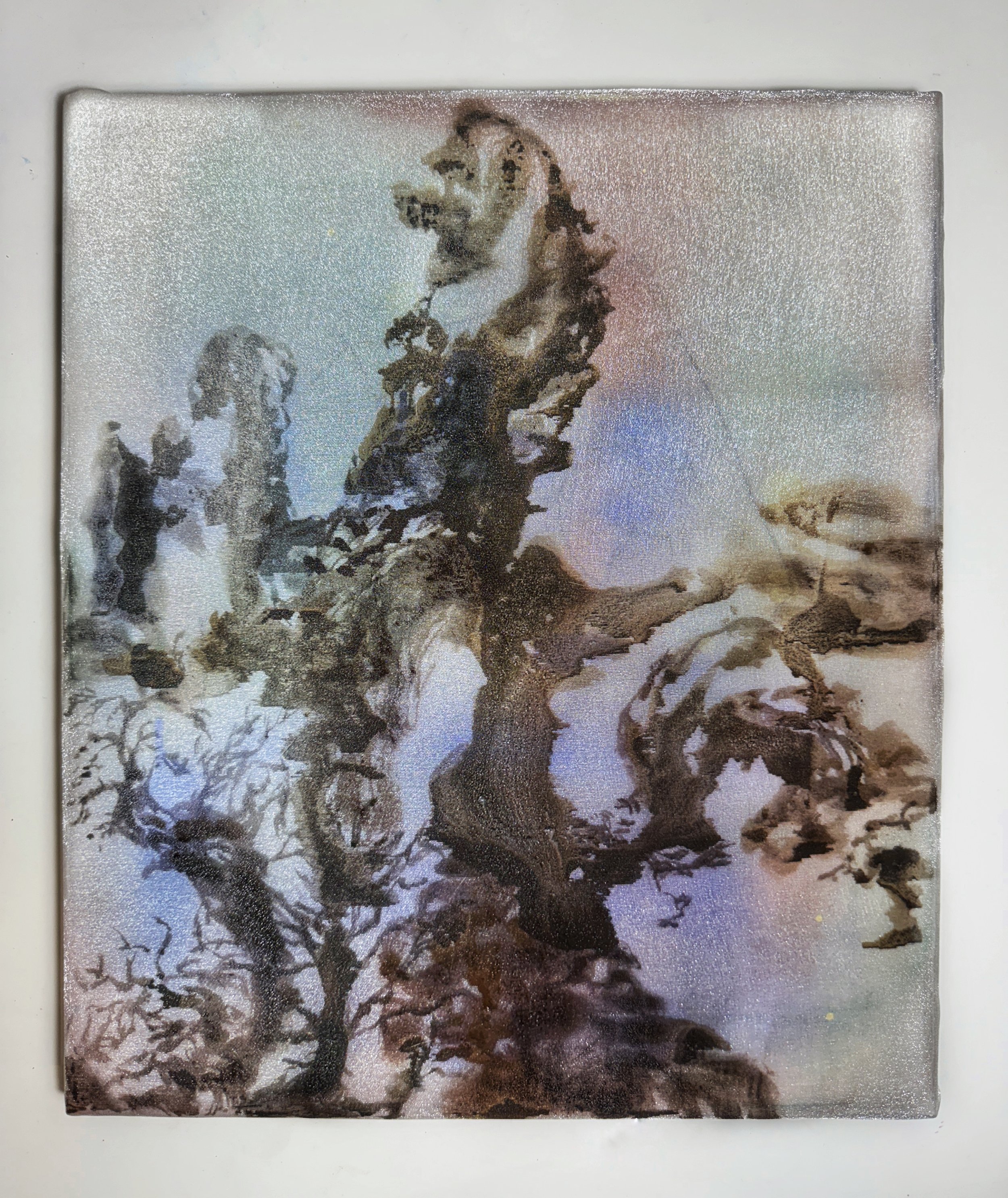 Fore Whim
14 x 12 in. 
2026. 
Oil painting on chiffon fabric on painting.
