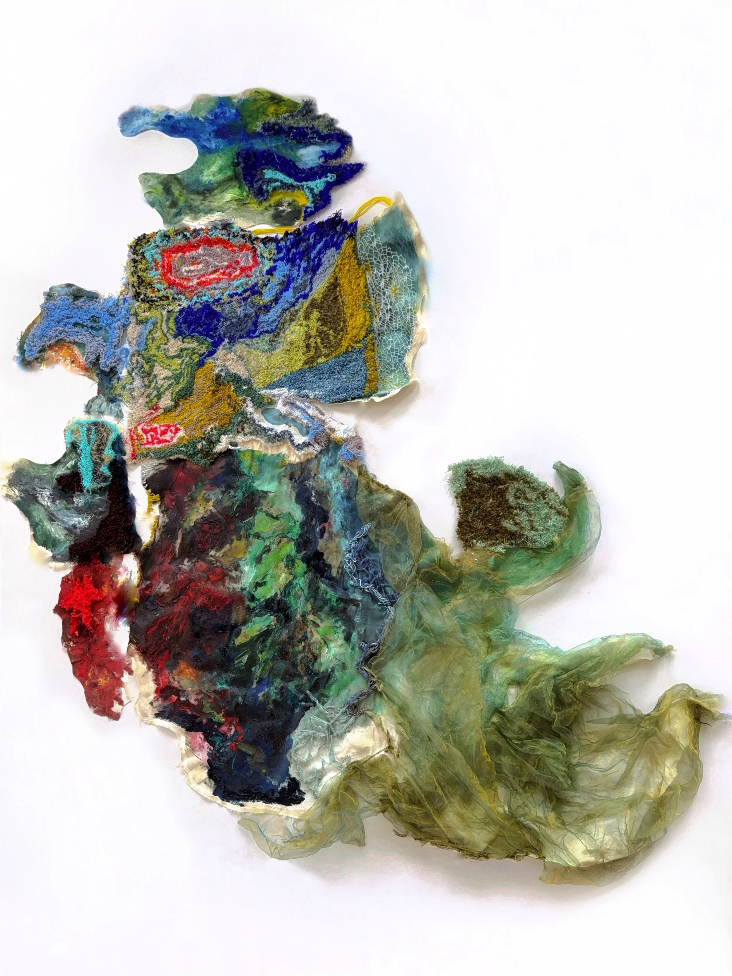 Earth Vines 
110 x 100 x 3.5 in.
 2024. Linen, oil paints, wool yarns, metallic yarns, mohair yarns, organza fabric, jacquard net mesh fabric, plaster.