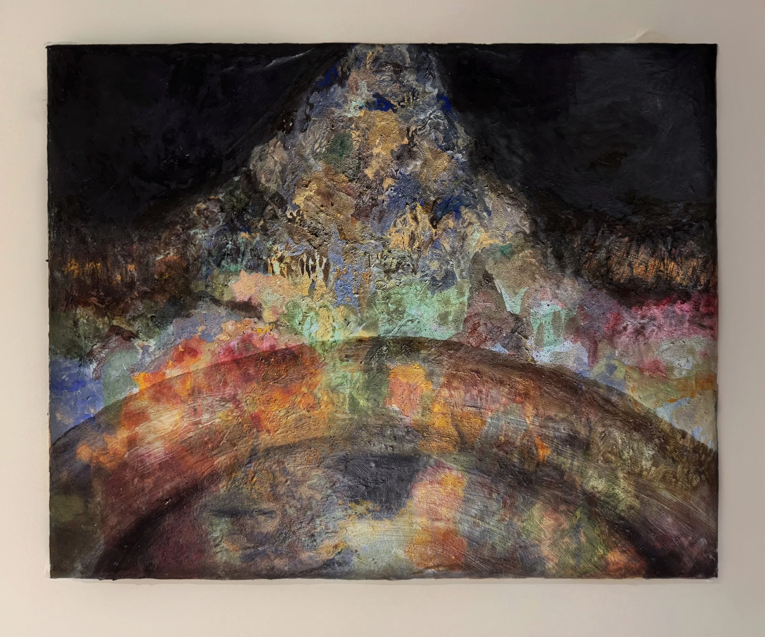 Earth as the Cave 
16 x 20 in. 
2025. 
Oil painting on Mineral pigments on alumed moraceae paper on canvas. 