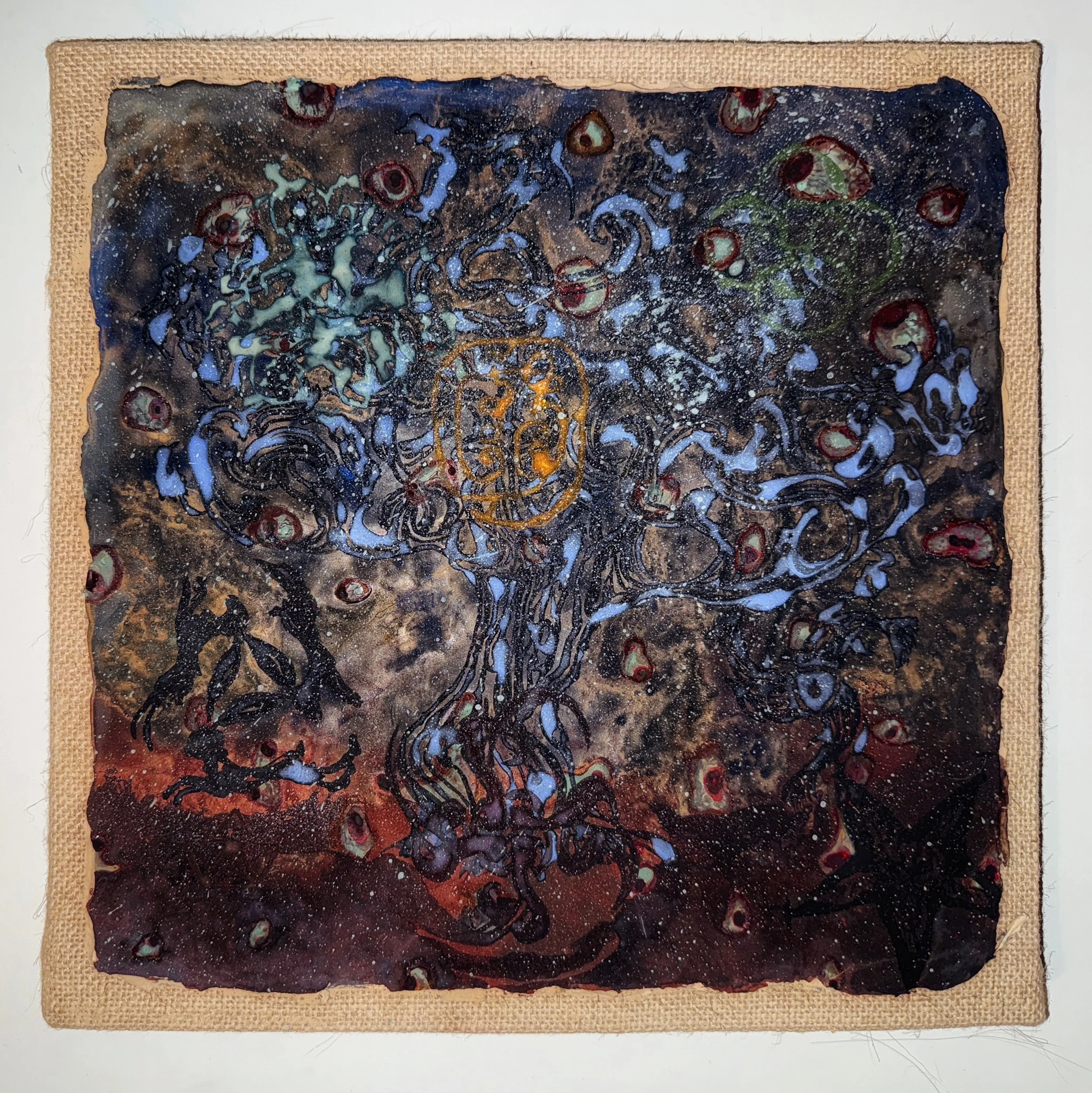 Eyes Dropping amongst the Rasping Rain 
12 x 12 in. 
2025. 
Mineral pigments on Dunhuang clay tablet on canvas (岩彩，敦煌泥板）