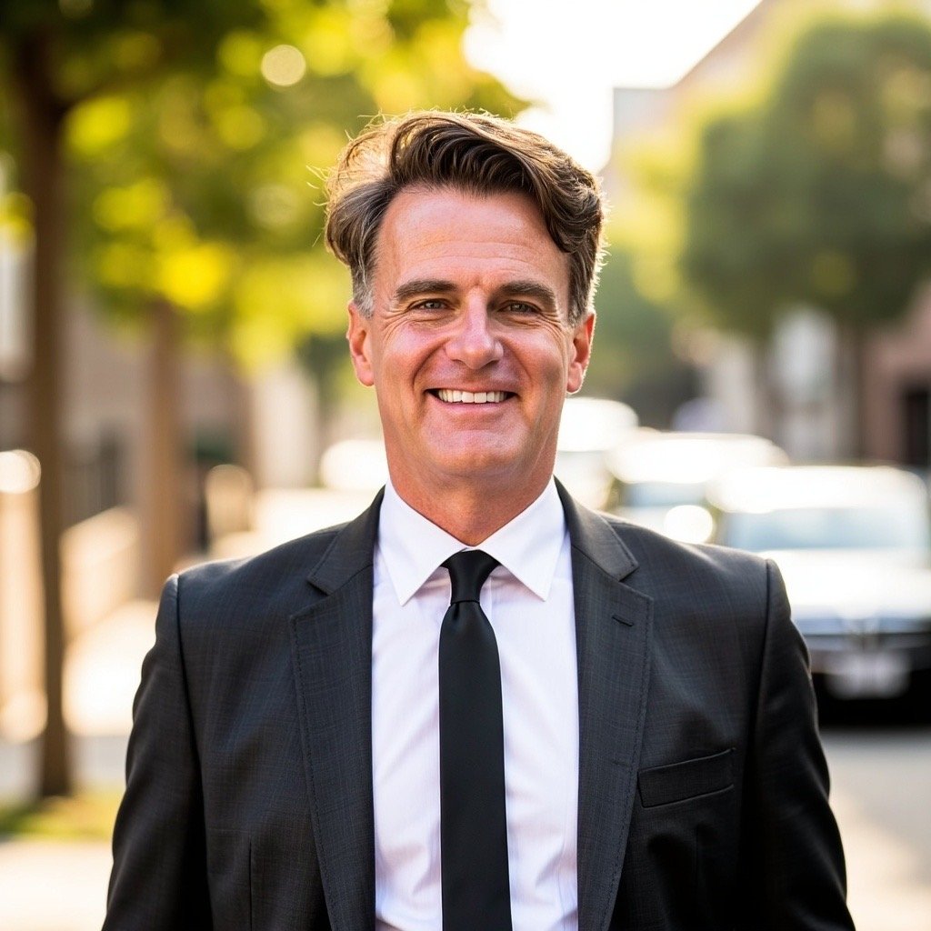 Smiling man in a black suit, white shirt, and black tie, standing outdoors on a sunny day, with blurred trees and buildings in the background.