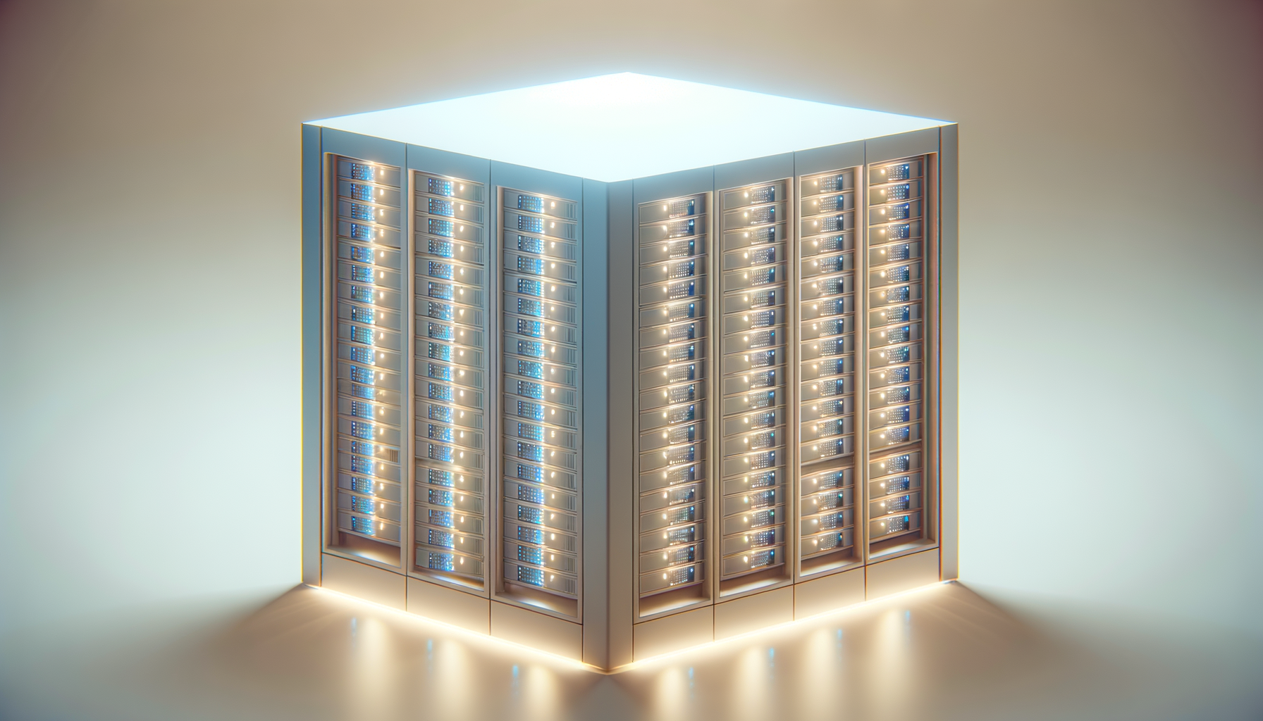 A data center server rack standing in a corner with bright lighting.