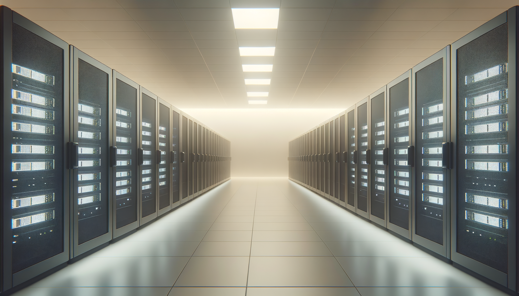 A computer server room with rows of black server racks and bright overhead lighting.