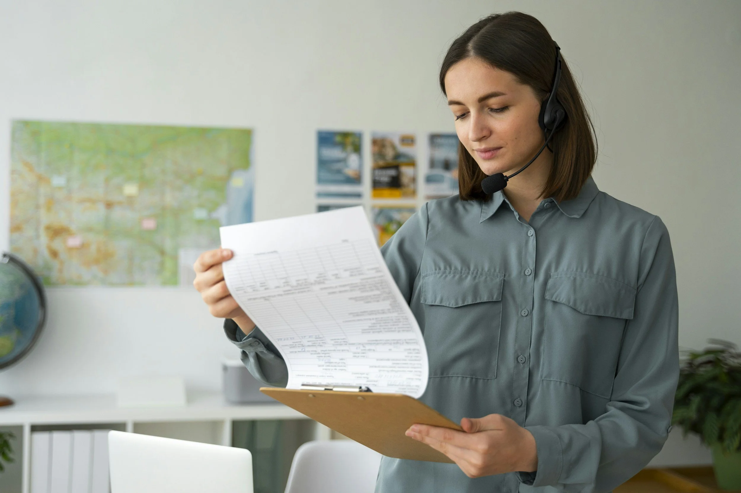 A woman wearing a gray uniform and a headset holding a clipboard with a document in an office.