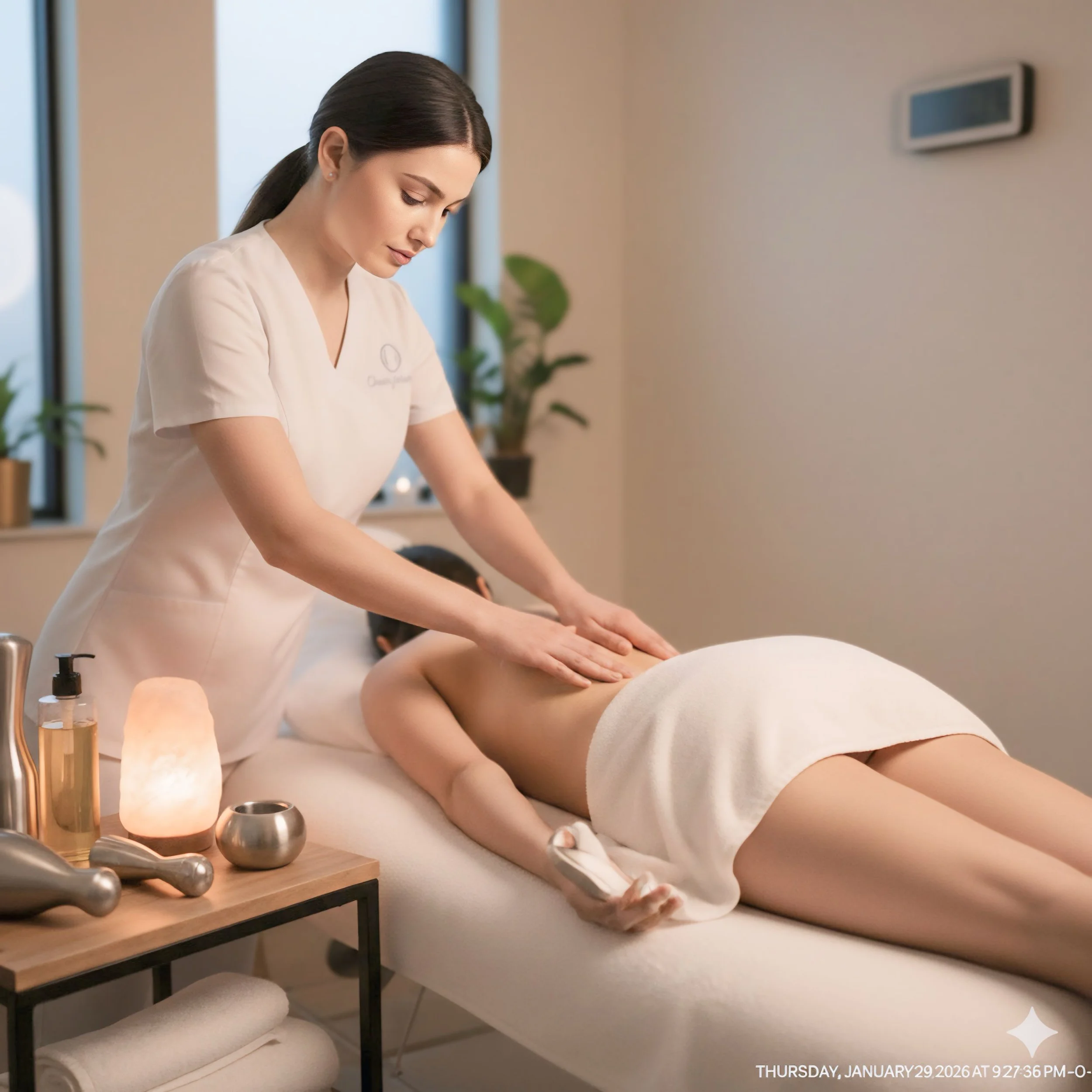 Una mujer recostada en una camilla siendo masajeada por una terapeuta en un entorno de spa, con velas y plantas decorativas.