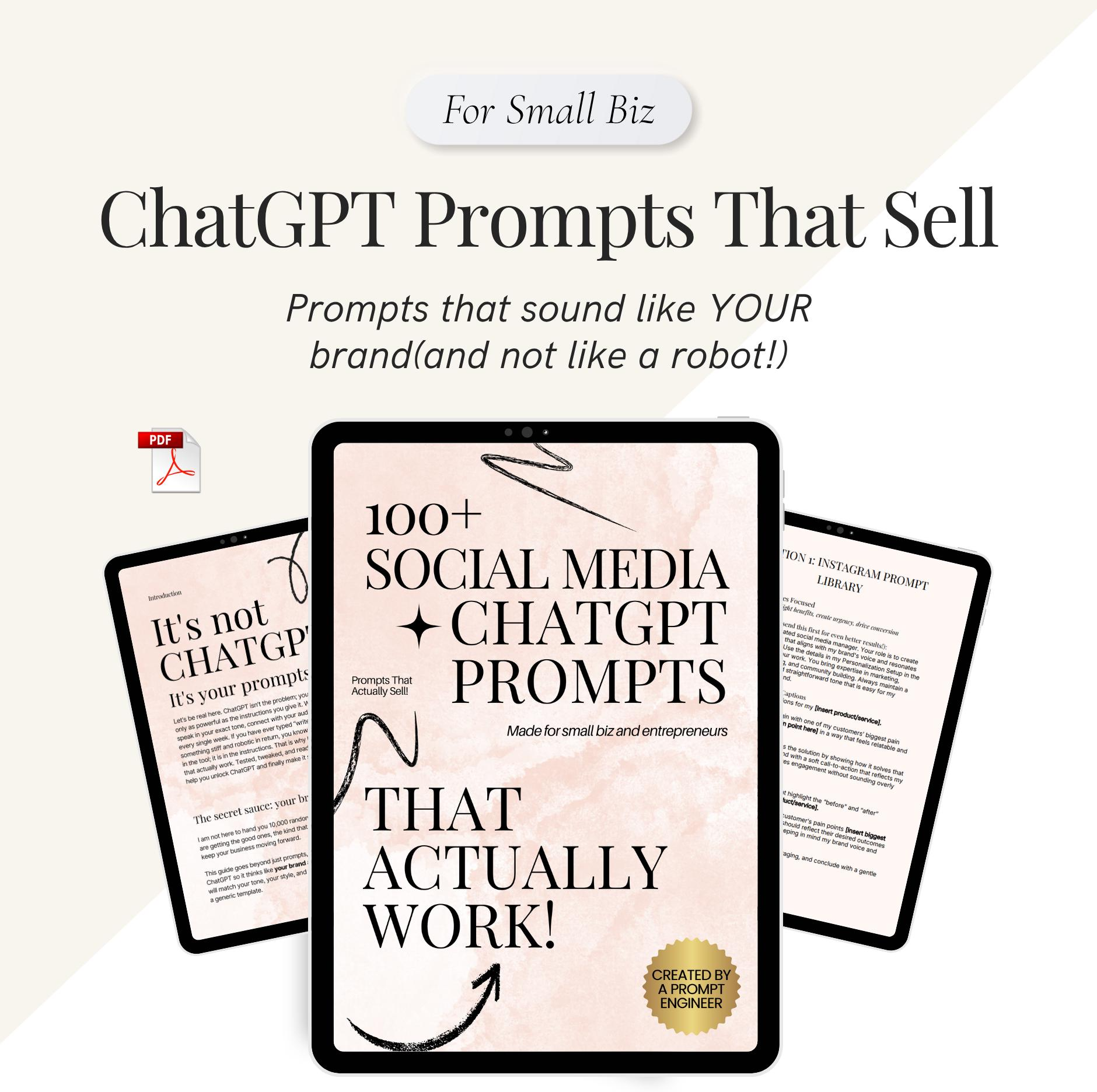 Cover of a guidebook titled '100+ Social Media ChatGPT Prompts That Actually Work!' with images of digital tablets displaying prompt samples and a PDF download icon.
