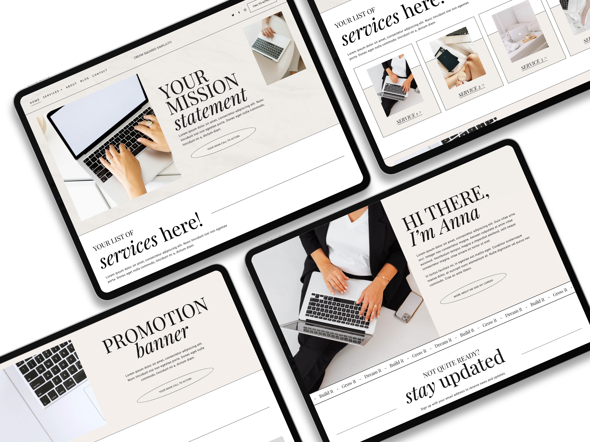 Collage of tablet screens displaying website templates with text headlines like 'Your Mission Statement,' 'Services here,' 'Promotion Banner,' and 'Hi there, I'm Anna,' featuring images of laptops, desks, and a person in business attire.