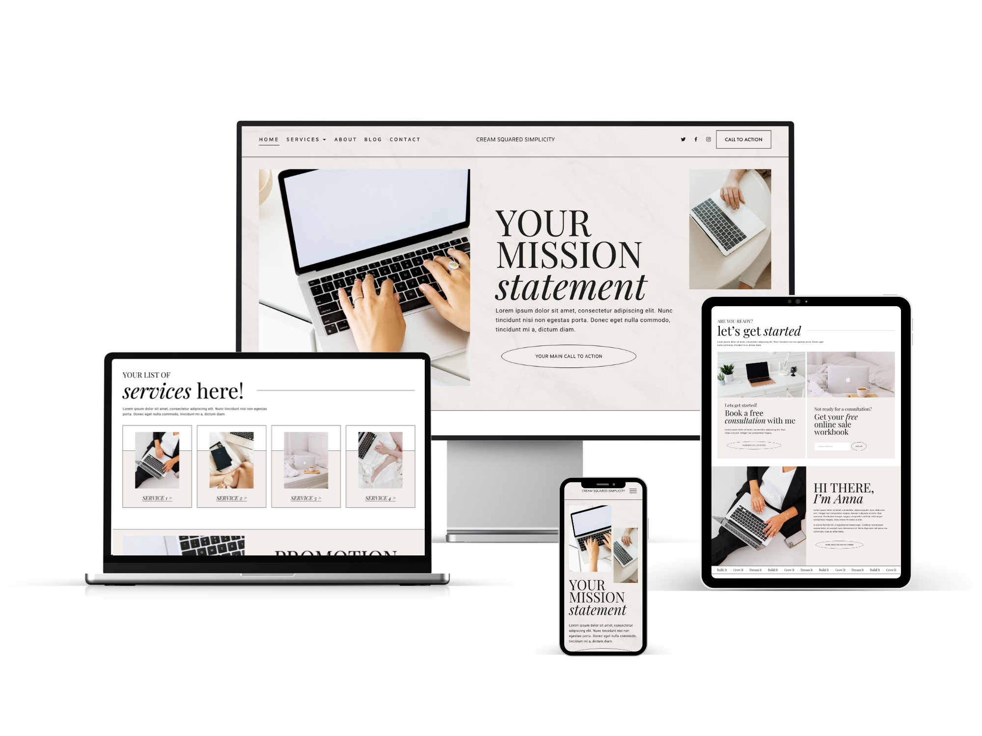 Multiple electronic devices displaying website screens, including a desktop monitor, laptop, tablet, and smartphone, showcasing a minimalist web design for a digital service or agency.