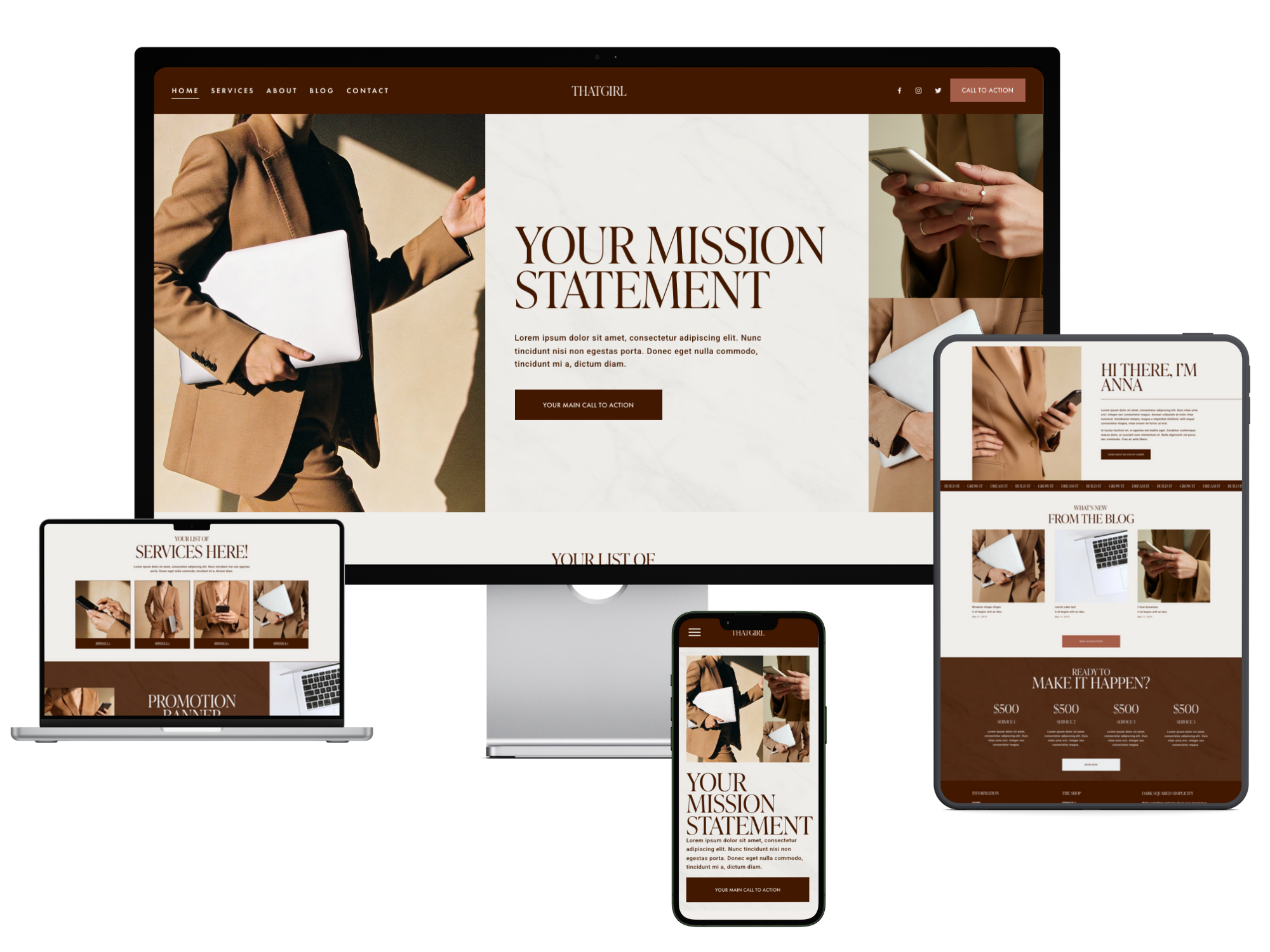 Responsive website design shown on desktop, laptop, tablet, and smartphone, featuring a professional business theme with images of a woman in a brown suit holding a laptop and using a smartphone, with sections for services, blog, and pricing.