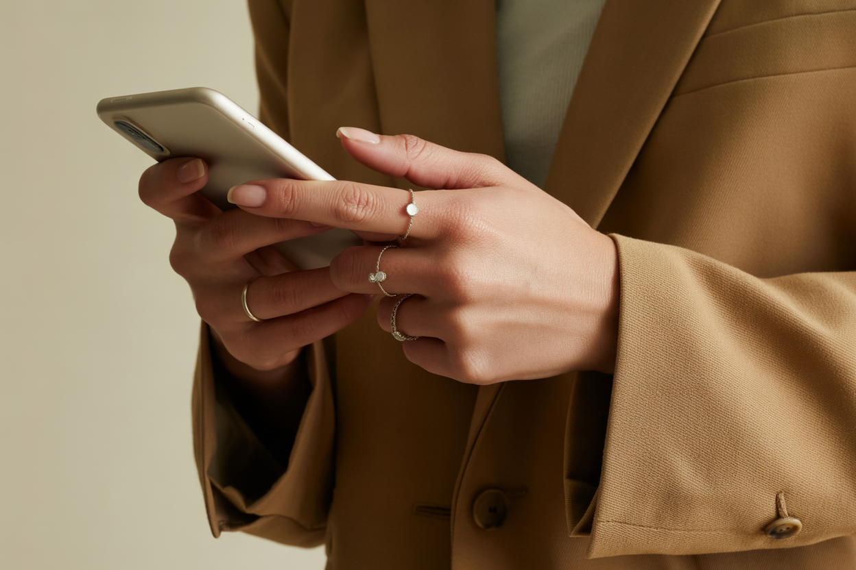A person wearing a tan blazer and jewelry is holding a smartphone, with their fingers touching the screen.