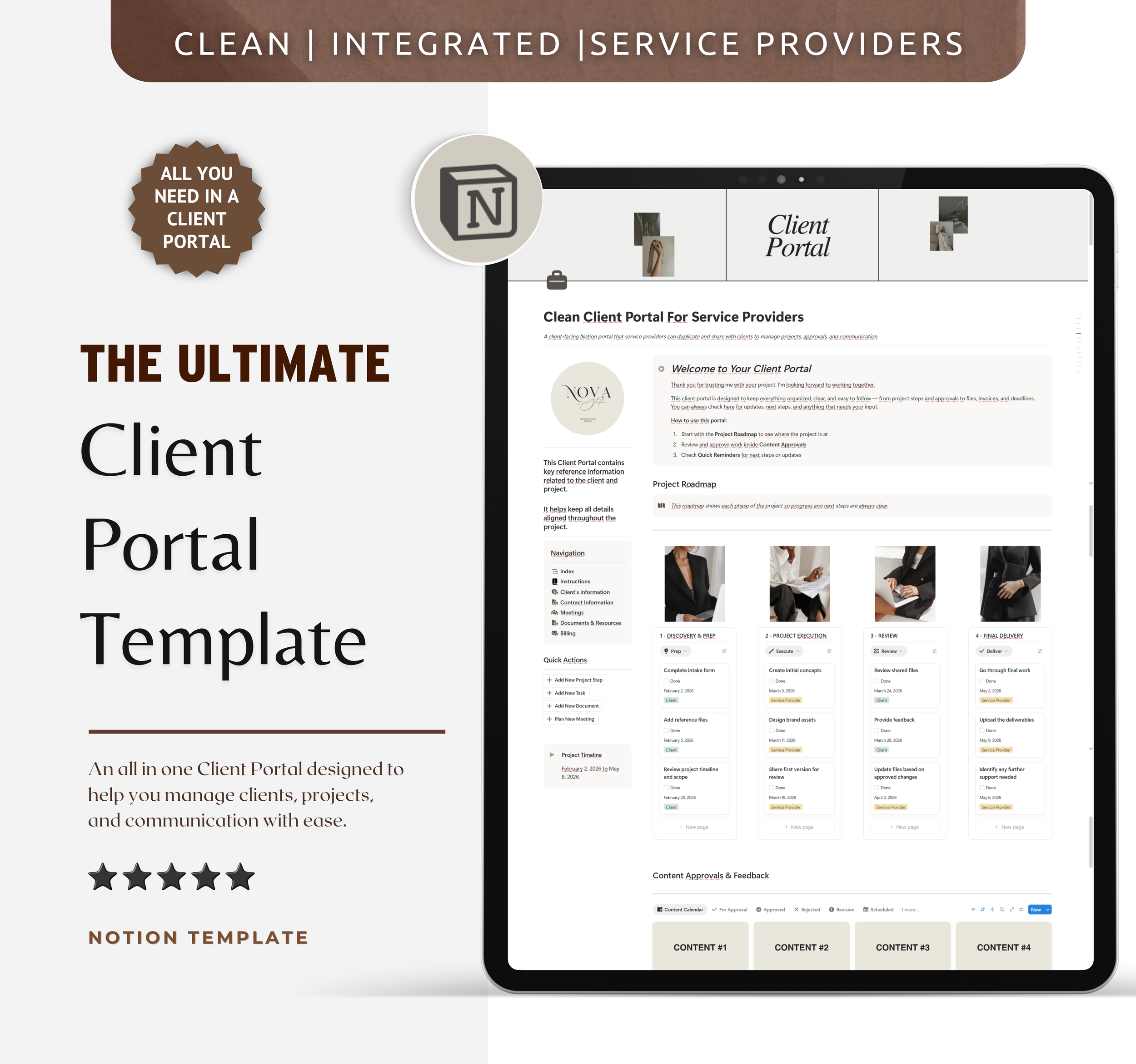 Graphic design template for a client portal website showing a tablet screen with a project management interface, and text promoting an all-in-one client portal template for managing clients, projects, and communication.