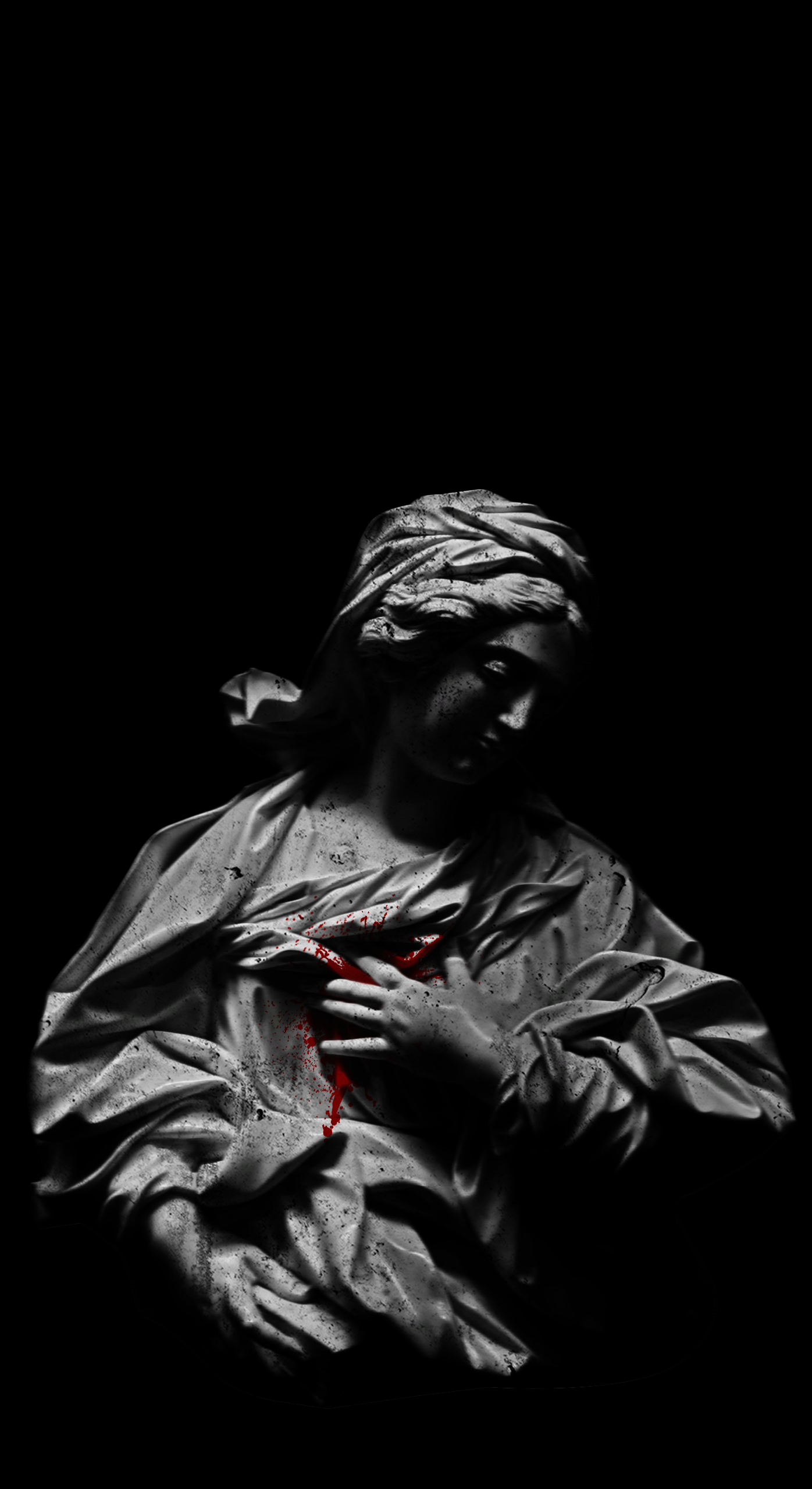 Artwork by Jelle: a marble statue in darkness with red paint running from the heart