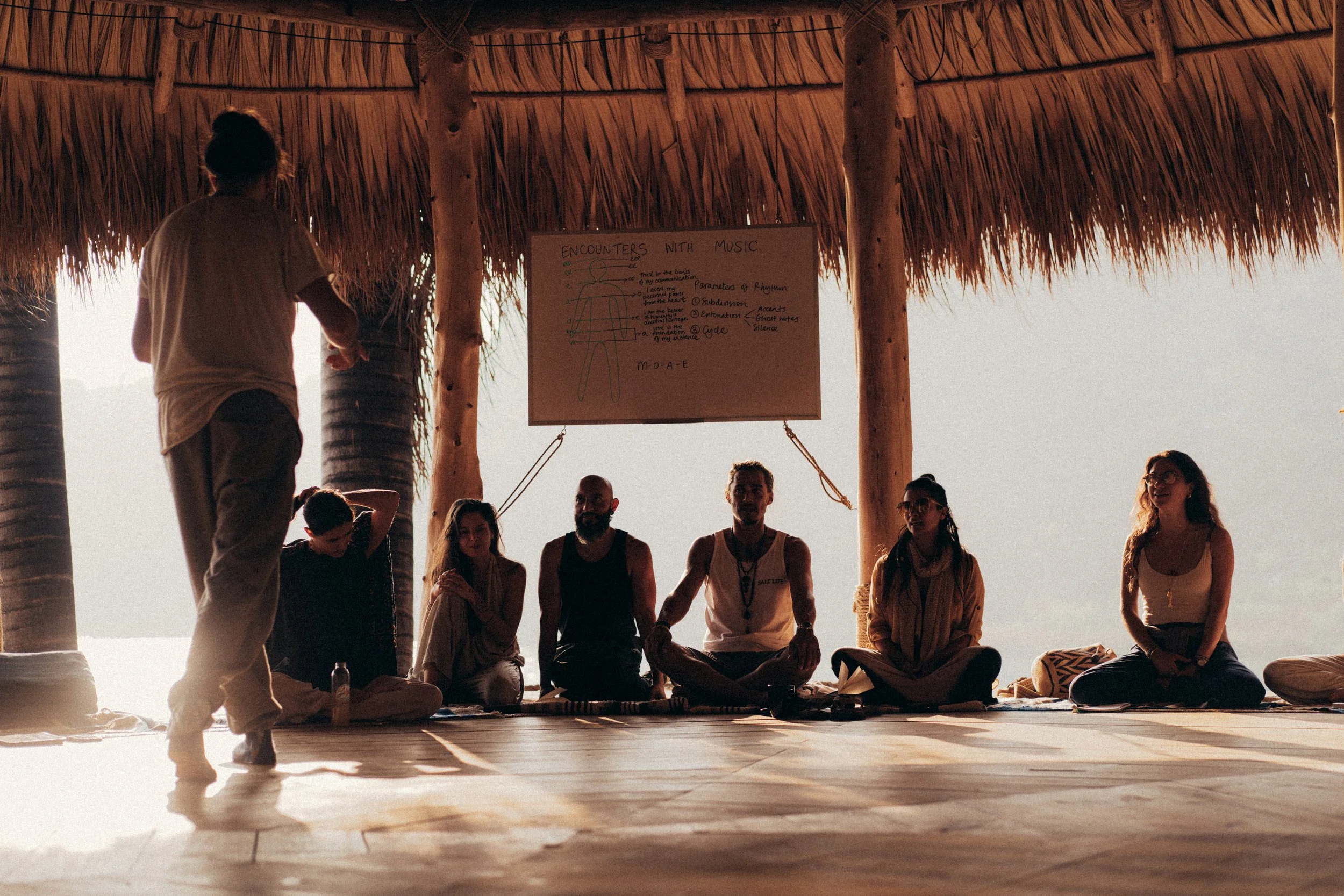 Grupo de personas en un entorno natural, participando en una actividad en un espacio techado con techo de paja y columnas de madera, con una pizarra que tiene notas y diagramas.