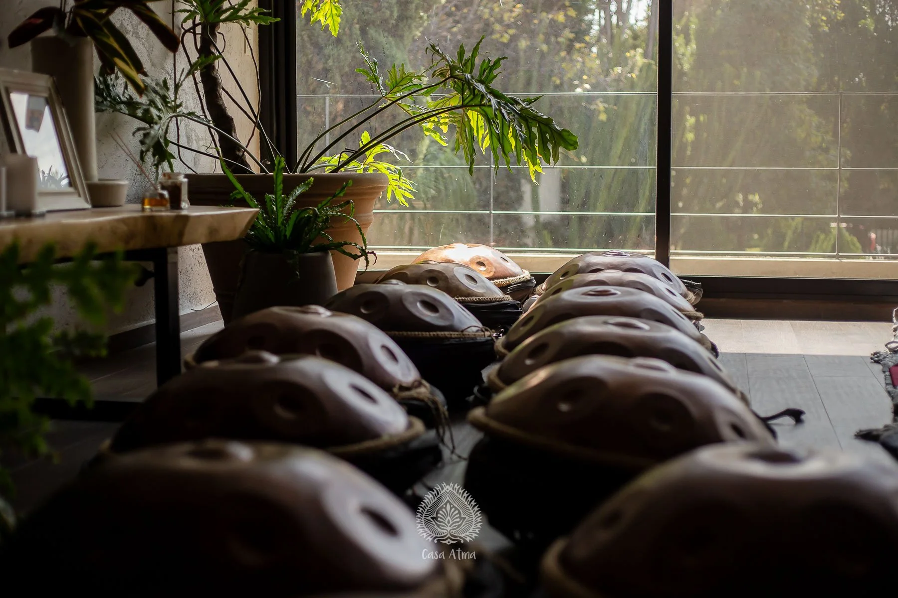 Varios instrumentos musicales de percusion, handpan, colocados en fila en el suelo junto a una ventana con vista a un espacio verde exterior. En el fondo, plantas verdes en macetas y un espacio de interior con decoración simple.