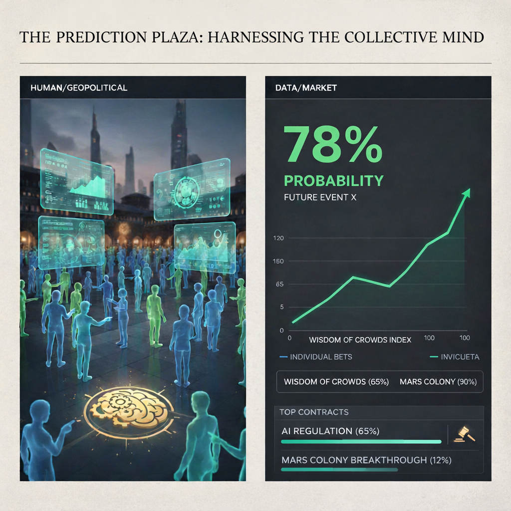 A digital infographic depicting a futuristic scene of people interacting with holographic screens and a brain-shaped center in a cityscape background, alongside a chart showing a 78% probability for future event X based on data and market analysis, with various statistics and top contracts related to AI regulation and Mars colony breakthroughs.