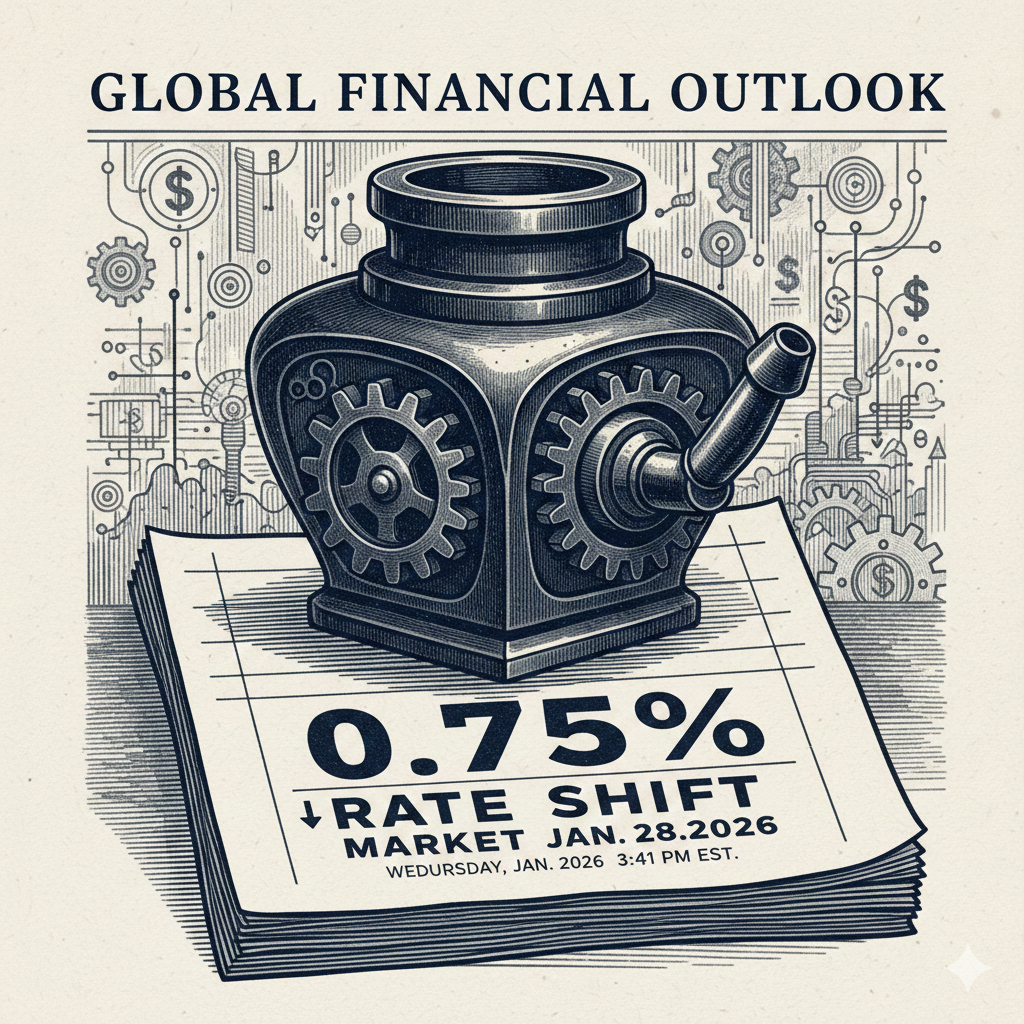Illustration of a mechanical gear with dollar signs and gears in the background, labeled "Global Financial Outlook," depicting a decrease of 0.75% in the interest rate market as of January 28, 2026.