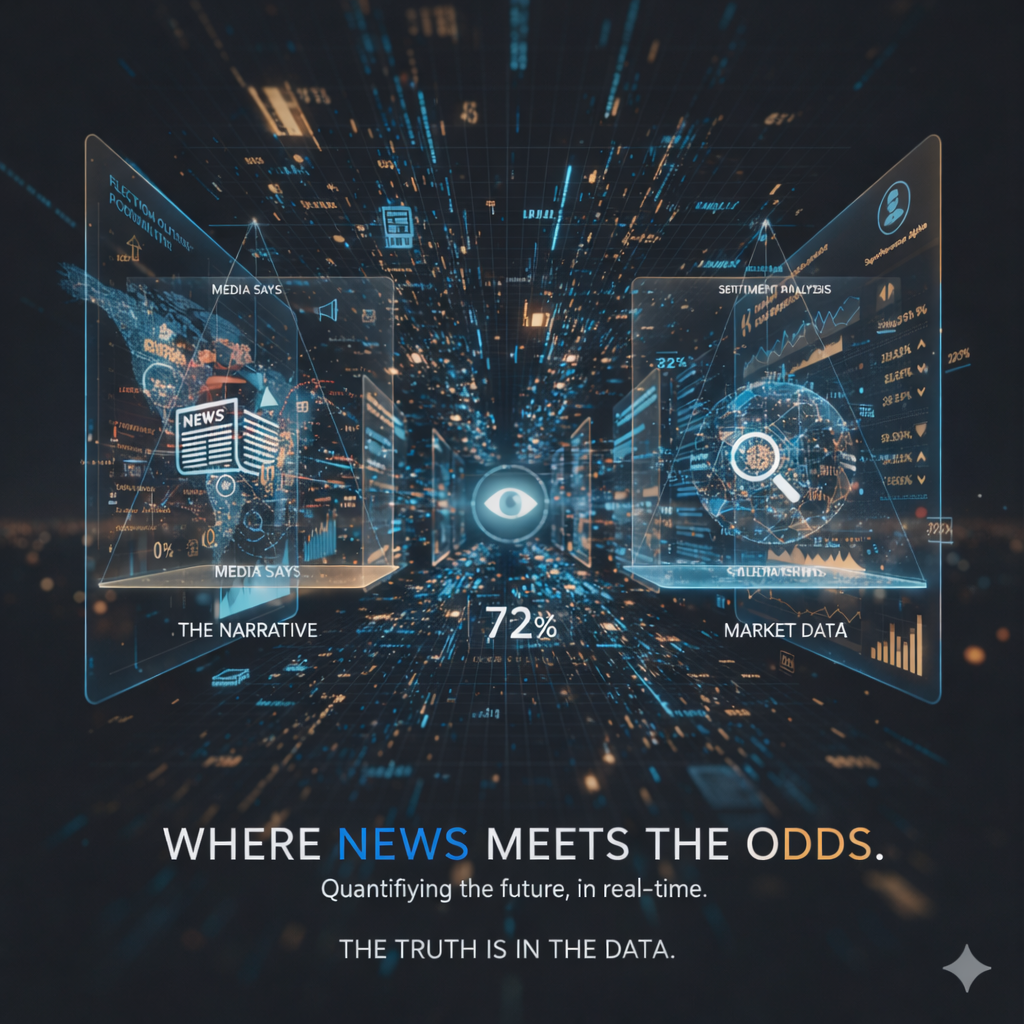 A digital graphic illustrating data analysis with floating screens showing news, media, market data, and sentiment analysis over a futuristic cityscape with glowing lights and a central eye icon.
