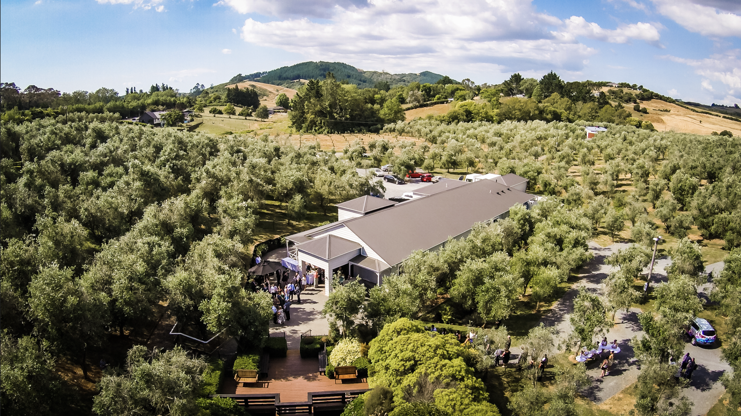 An aerial view of a countryside estate with an orchard of small trees, a gathering of people outside a building with a gray roof, a parking lot with several cars, and rolling hills covered in grass and trees under a partly cloudy sky.