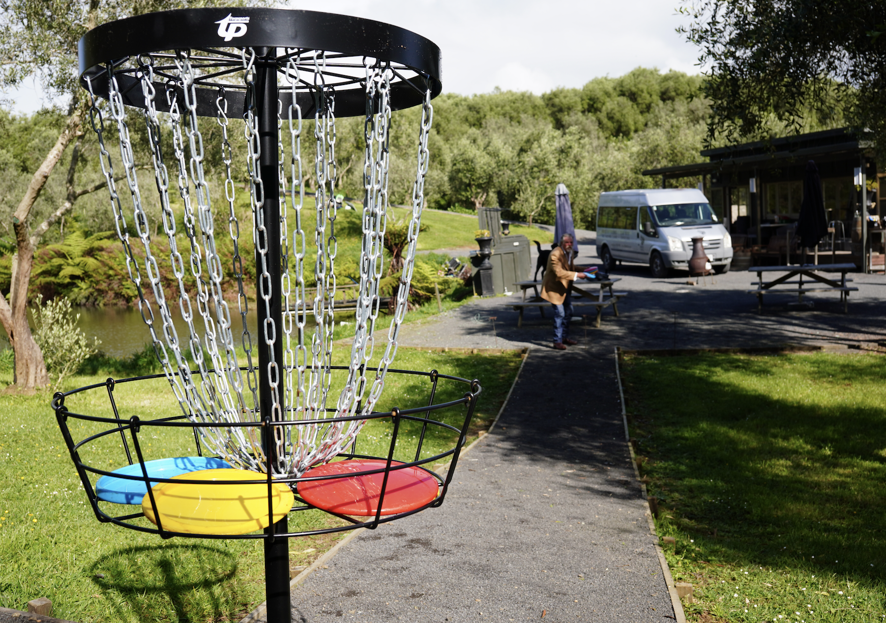 A disc golf basket with colorful discs hanging inside, set in a park with a pathway, trees, a pond, and a person sitting on a picnic table in the background.