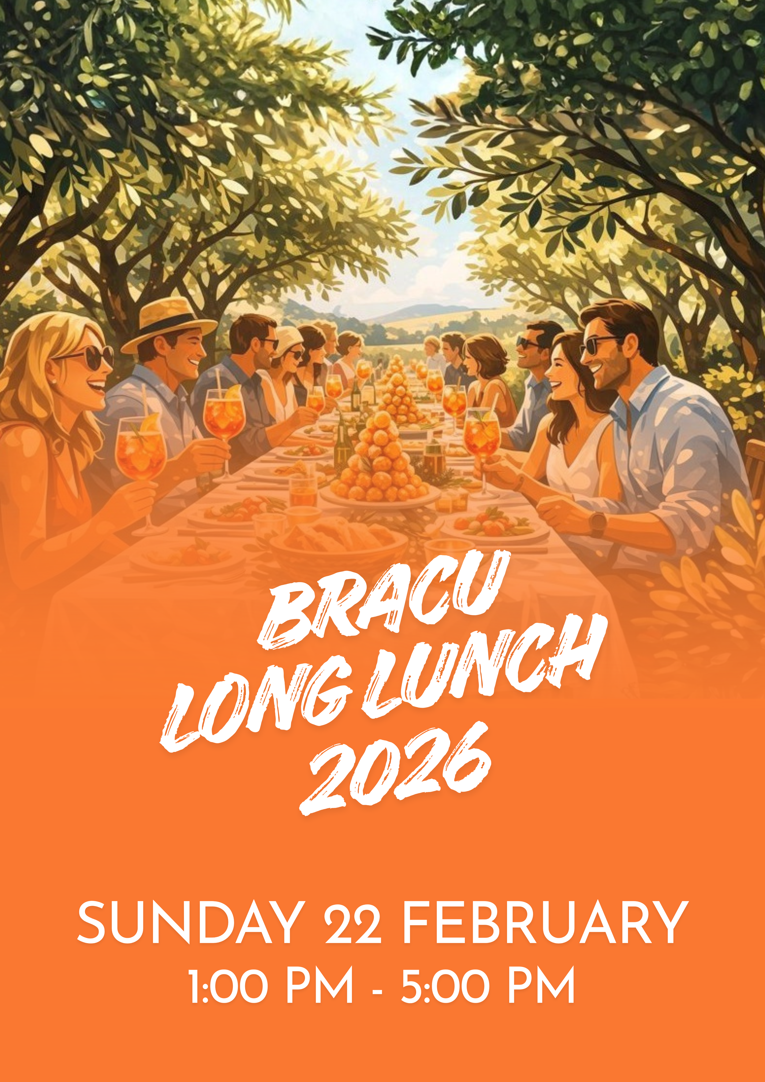 A digital illustration of a cheerful outdoor brunch gathering with people sitting at a long table under trees, enjoying food and drinks. The image promotes a Bracu Long Lunch event on Sunday, February 22, 2026, from 1:00 PM to 5:00 PM.