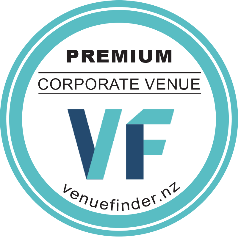 A circular logo with a white background and teal border displaying the words 'Premium Corporate Venue' and the website 'venuefinder.nz’ along with the initials 'VF' in large blue and teal letters.