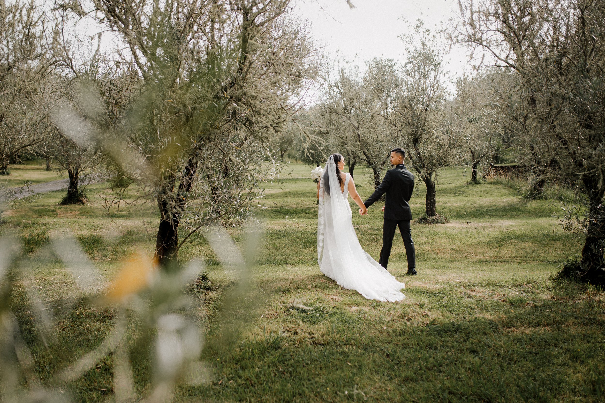 A bride and groom holding hands in our olive grove with blooming trees, dressed in wedding attire, facing away from the camera.