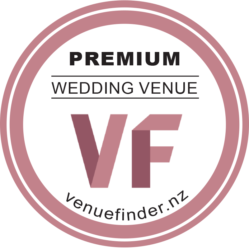 A circular badge with a pink and white color scheme promoting a wedding venue called Venue Finder, featuring the website venufinder.nz.