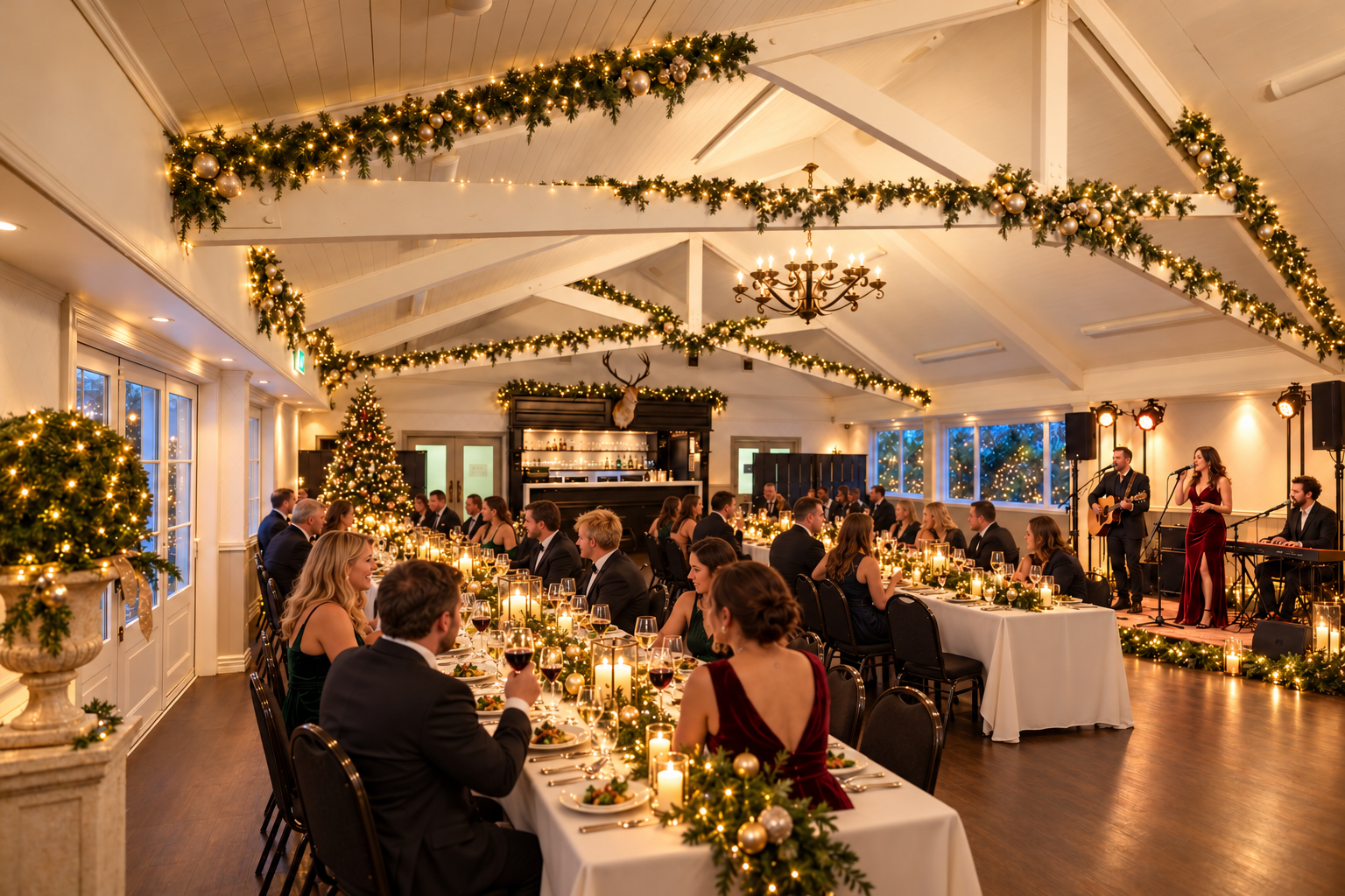 A festive holiday dinner party with elegantly dressed guests seated at long tables decorated with candles, greenery, and ornaments. The room has Christmas decorations including garlands and a decorated Christmas tree. There is a small stage with musicians performing, and the ceiling is adorned with garlands and baubles. The atmosphere is warm and celebratory.