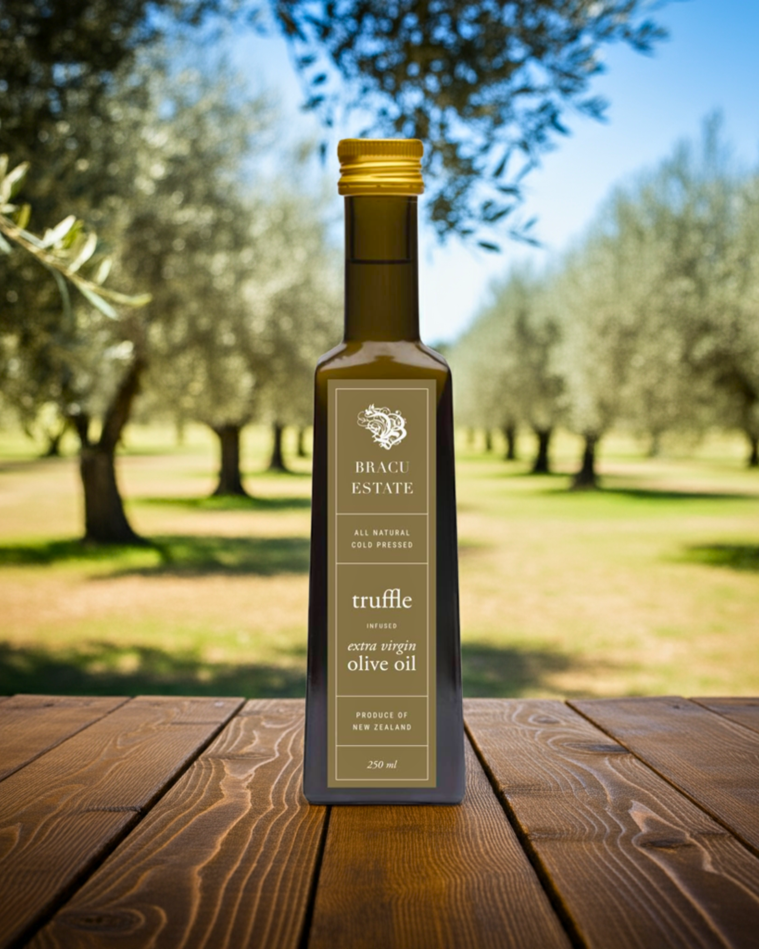 A bottle of Bracu Estate extra virgin olive oil with truffle infusion, placed on a wooden surface outdoors with a background of an olive orchard under a clear blue sky.