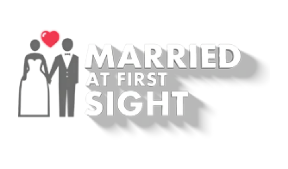 Illustration of a bride and groom with a red heart above them, alongside the text "Married at First Sight" in bold letters.