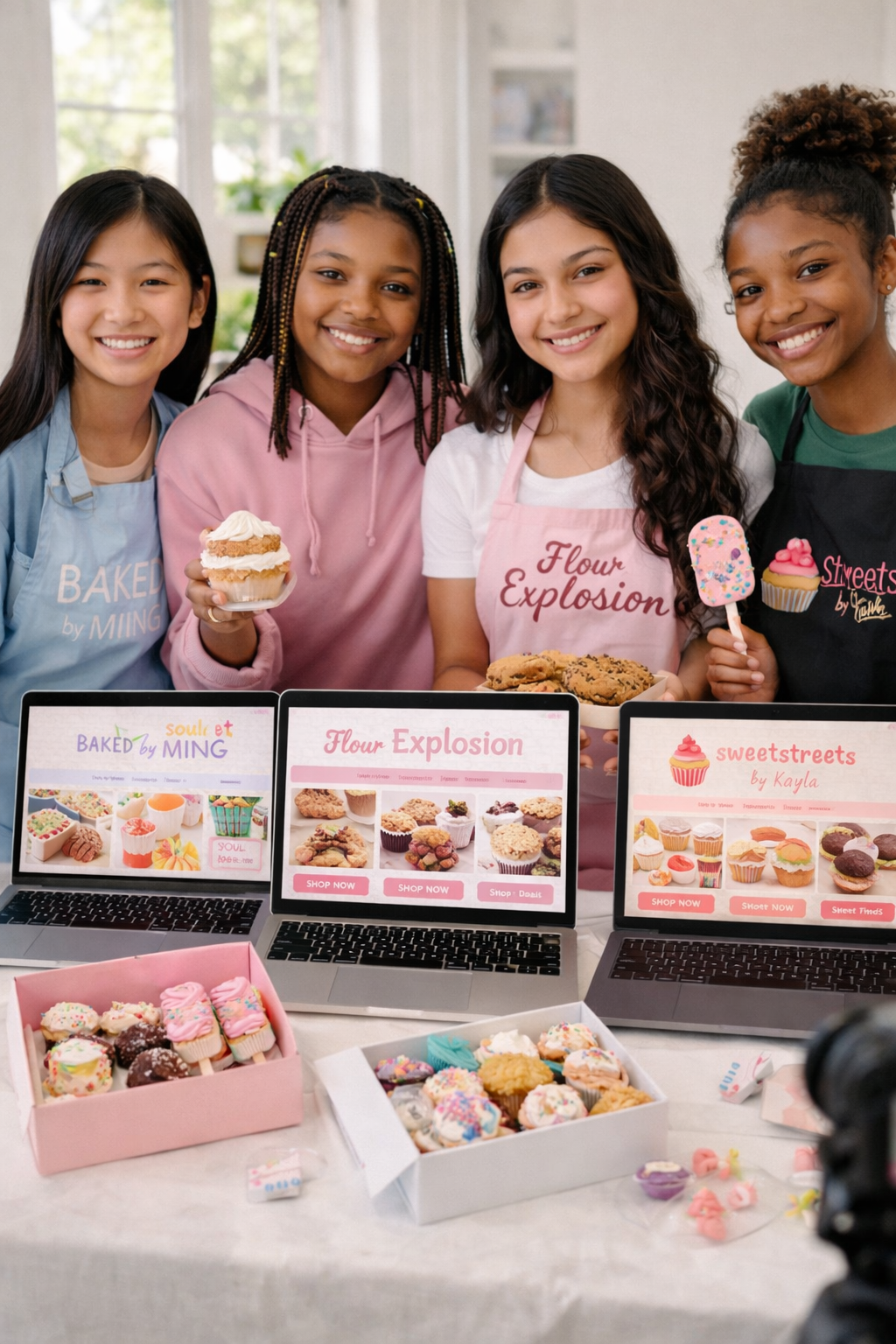 Four young girls smiling behind a table with laptops displaying bakery websites, surrounded by decorated cupcakes and cookies, with one girl holding a cupcake and another holding a cake pop.