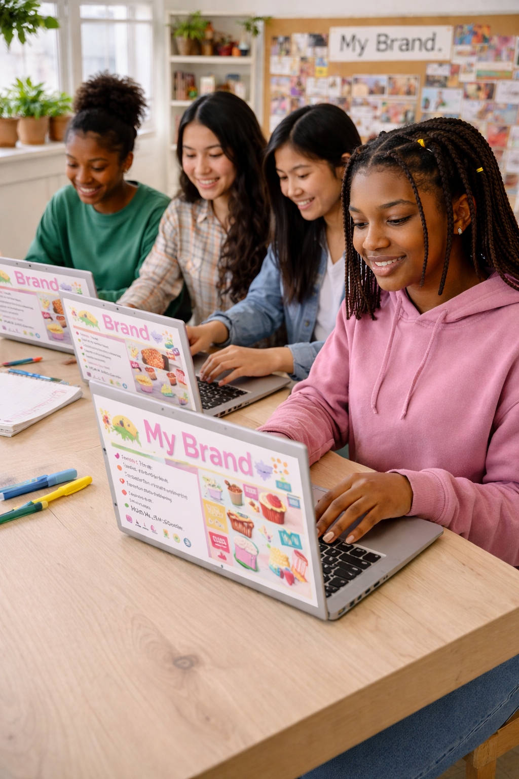 Four diverse girls working on laptops in a classroom, with posters featuring the word 'Brand' and 'My Brand' on the screens.